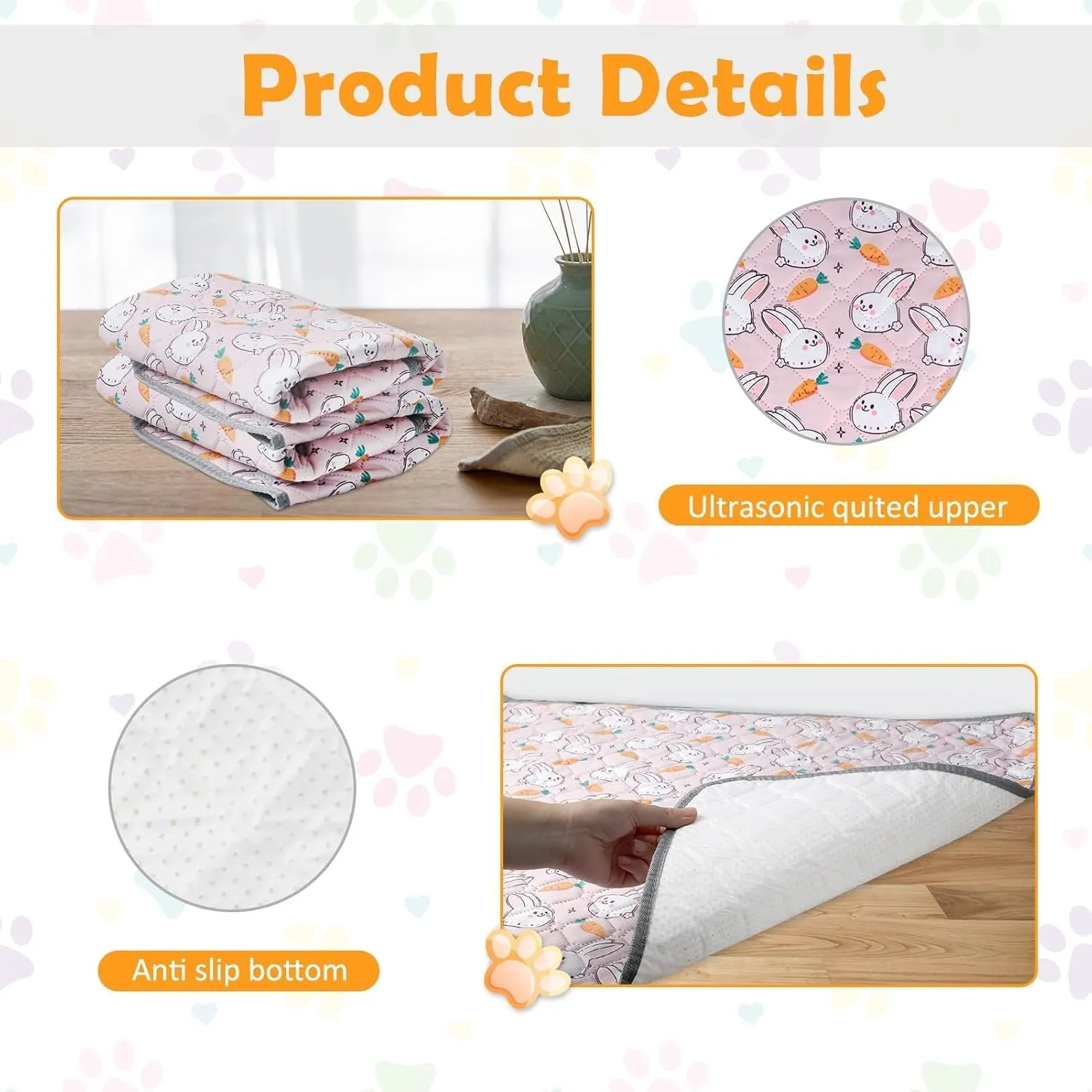 2 Pack Reusable Cage Liners, 36" x 47" Washable Pee Pads for Guinea Pigs, Dogs, Cats, Rabbits, and Hamsters, Super Absorbent Waterproof Anti-Slip Bedding Mat - Pink