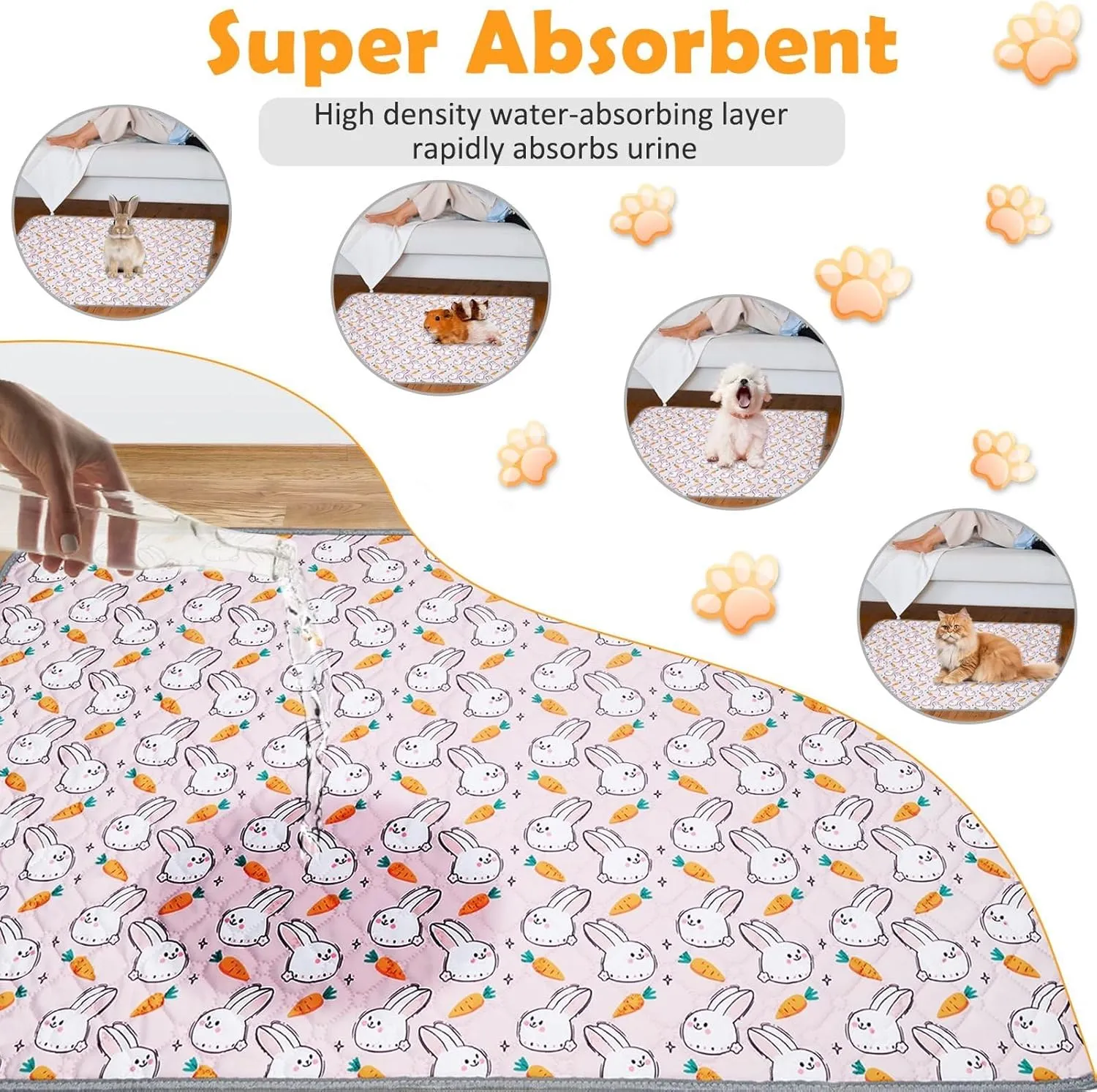 2 Pack Reusable Cage Liners, 36" x 47" Washable Pee Pads for Guinea Pigs, Dogs, Cats, Rabbits, and Hamsters, Super Absorbent Waterproof Anti-Slip Bedding Mat - Pink
