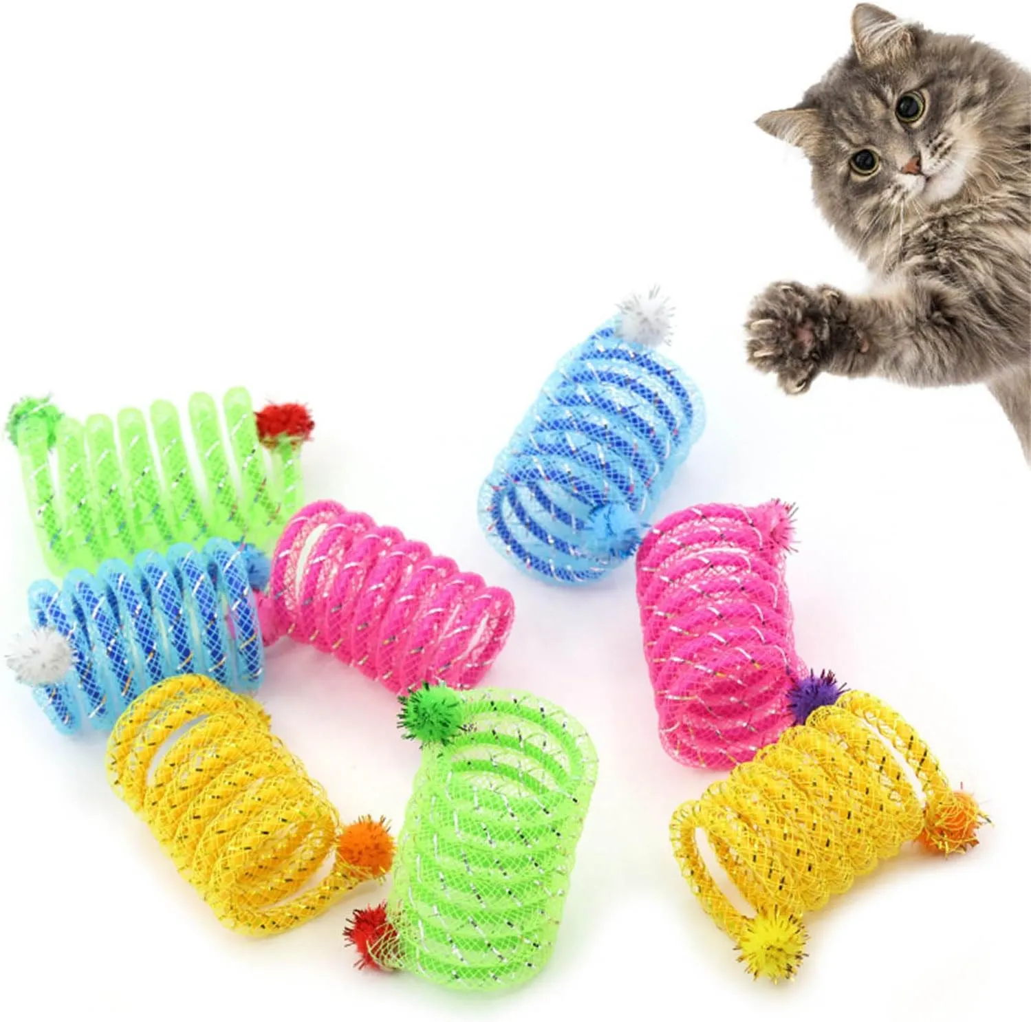 2Pcs Flexible Coils Spring Cats Toy with Plush Bright Colored Captures Attention for Active Pet Friend Family