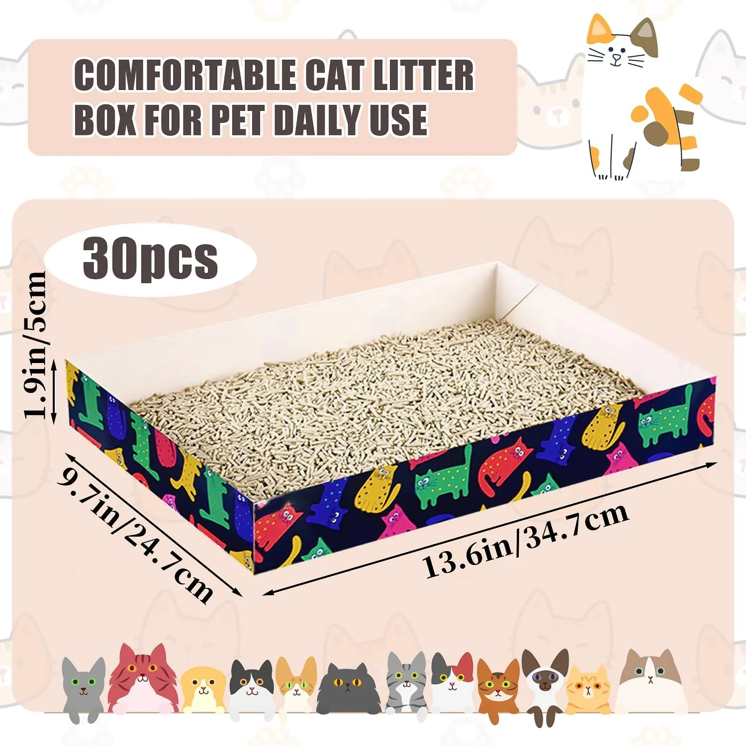 30 Pack Disposable Cat Litter Box, Foldable Paper Travel Litter Box, Non Clumping Durable and Waterproof,Low Entry Easy Disposal,Portable(13.6x9.7x1.9 in)