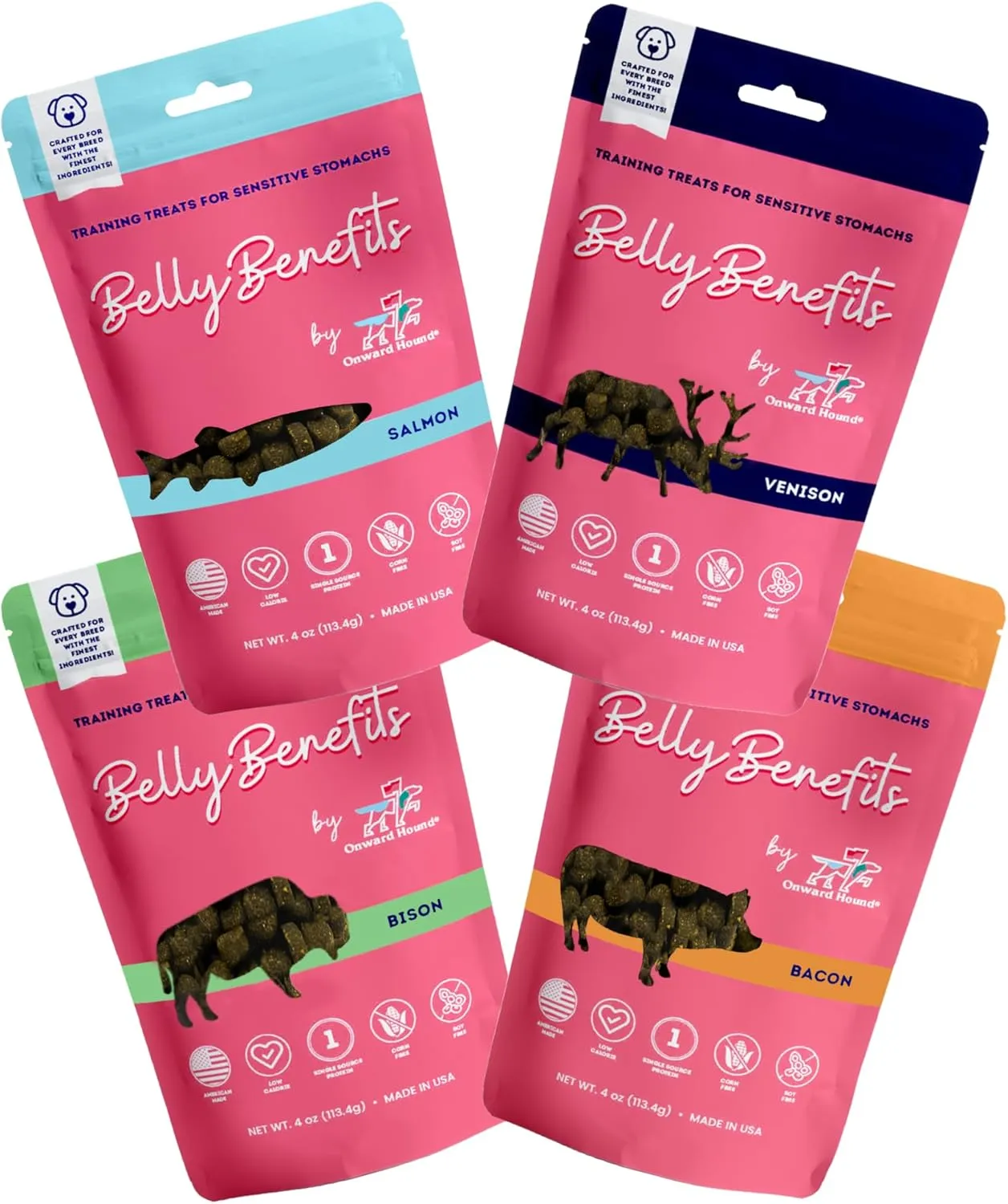 4oz Low Calorie Training Treats for Dogs with Sensitive Stomachs - 4 Pack Variety Dog Treat Bundle - Made in The USA, No Corn, Wheat, or Soy