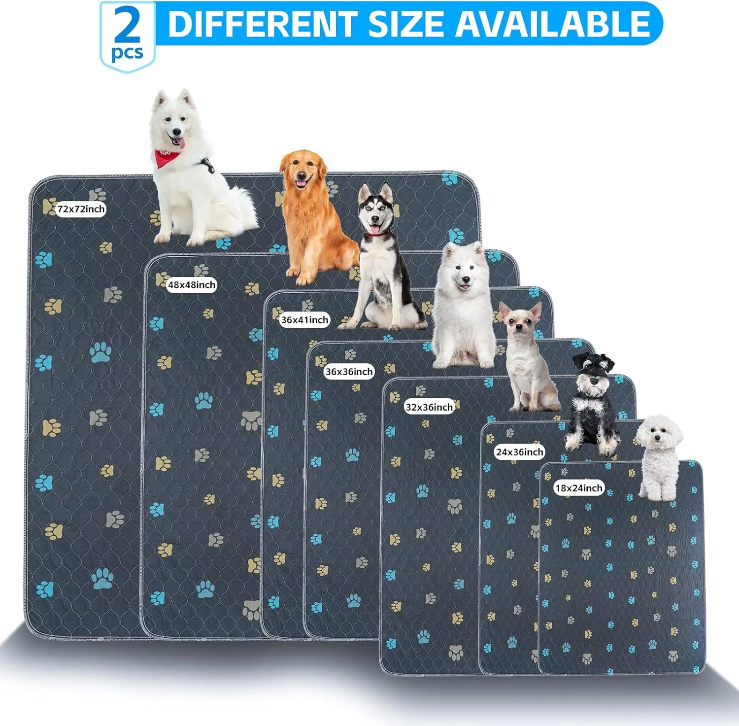 Aitmexcn Washable Puppy Dog Pee Pad, 2PCS 100% Waterproof Whelping Training Mat for Puppy/Senior Dog, Fast Drying Reusable Puppy Pads for Indoor, Outdoor and Car Travel- 24'' x 36''