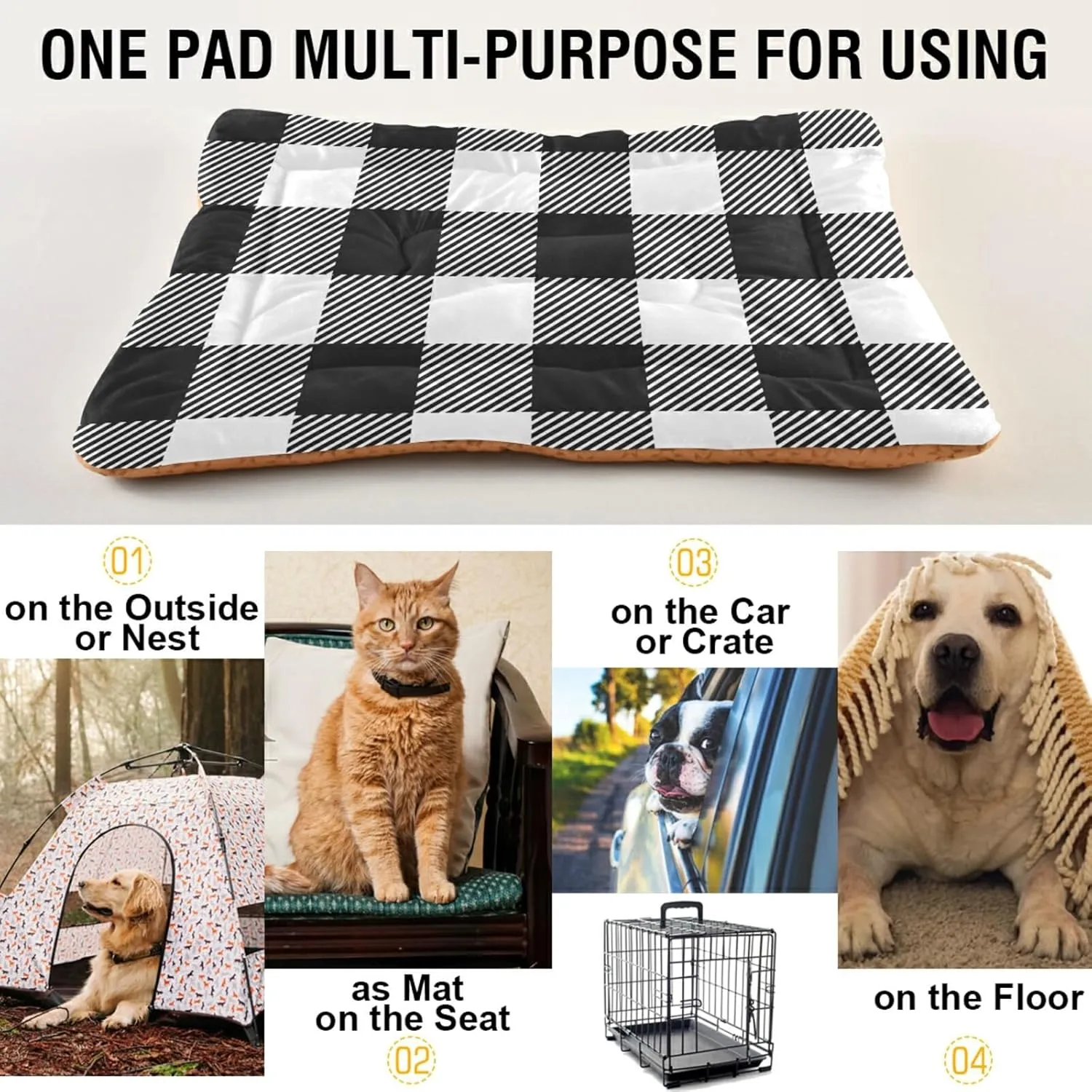 Buffalo Plaid Dog Bed Mat Black and White Pet Kennel Beds Washable Cat Beds Crate Pad Pets Sleeping Mattress for Large Medium Small Dogs 36x24 Inch