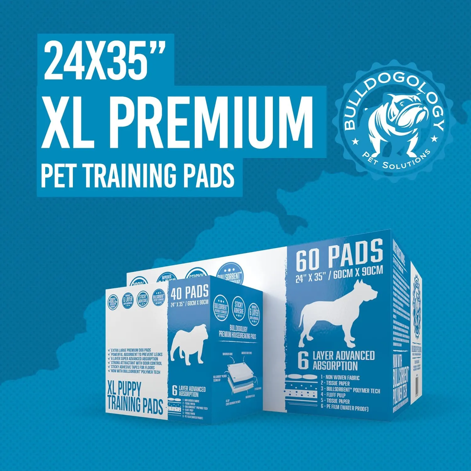 Bulldogology Puppy Pee Pads XL with Adhesive Sticky Tape - Extra Large Dog Training Wee Pads (24x35) 6 Layers with Extra Quick Dry Bullsorbent Polymer Tech (60-Count, White)