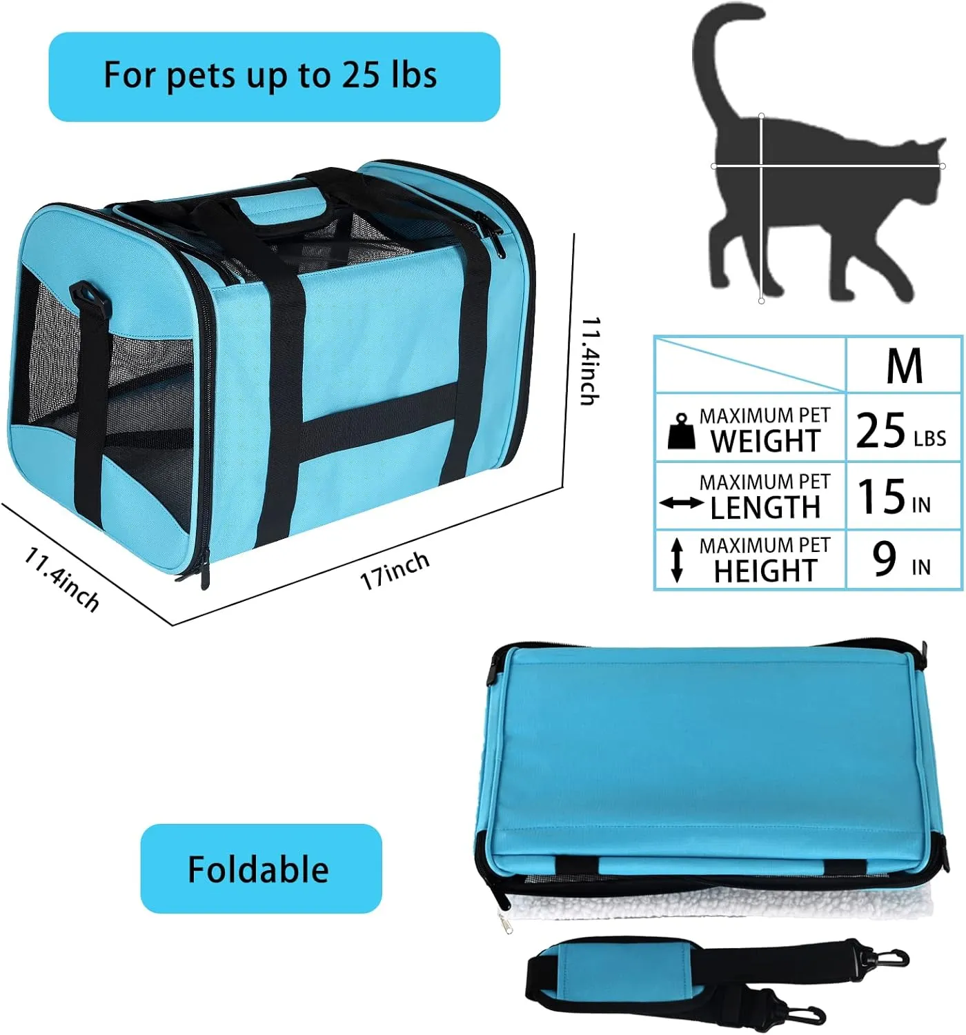 Cat Carrying Case - Pet Carrier Airline Approved, Protable and Breathable Pet Travel Carrier Removable Fleece Pad, Collapsible Cat Carrier Dog Carrier for Medium Cats Small Cats Dogs(Medium, Blue)