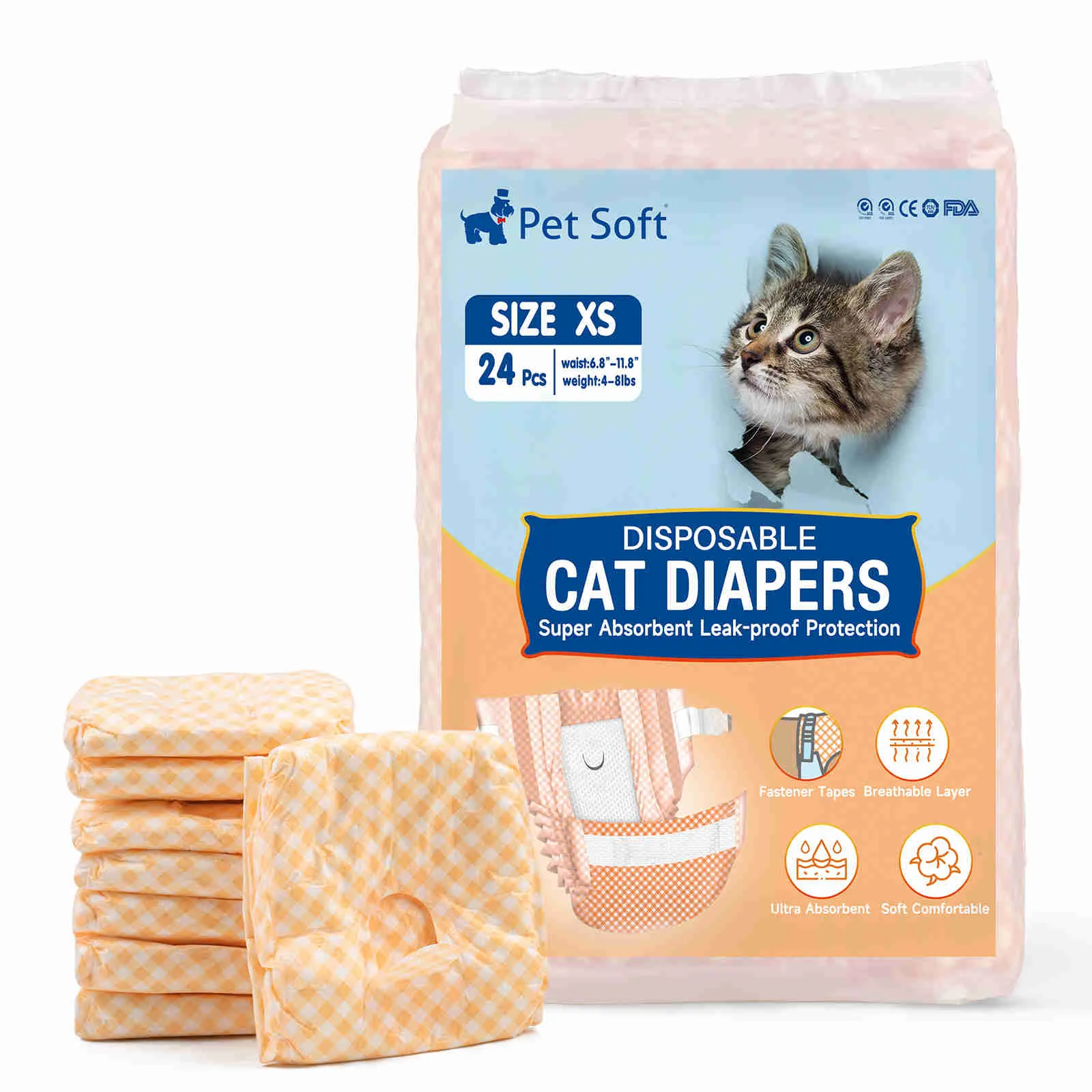 Disposable Cat Diapers, Orange Plaid Pattern, 24 Pcs, 1 Pack