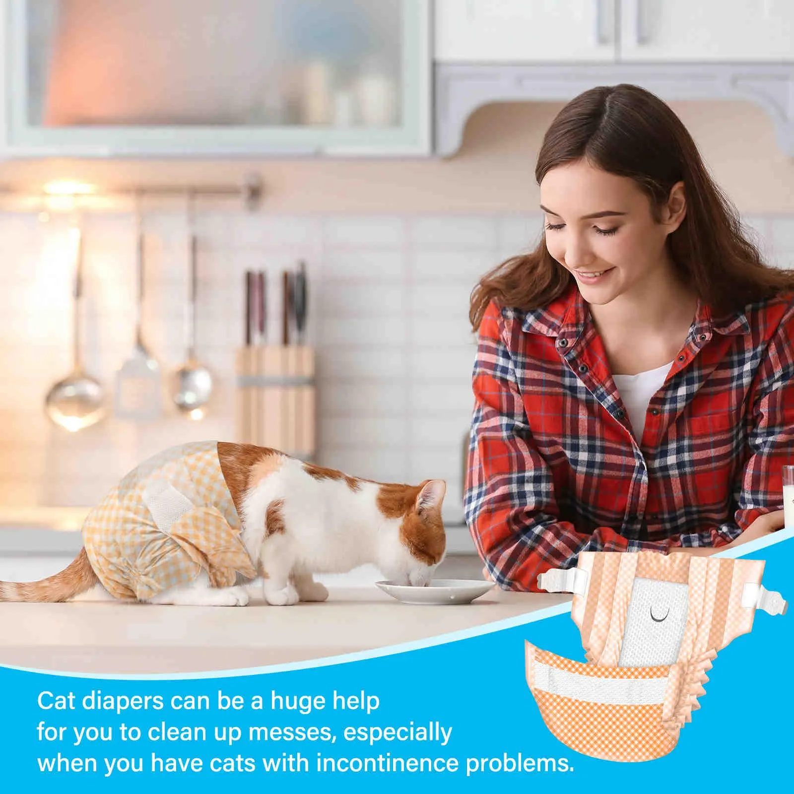 Disposable Cat Diapers, Orange Plaid Pattern, 24 Pcs, 1 Pack