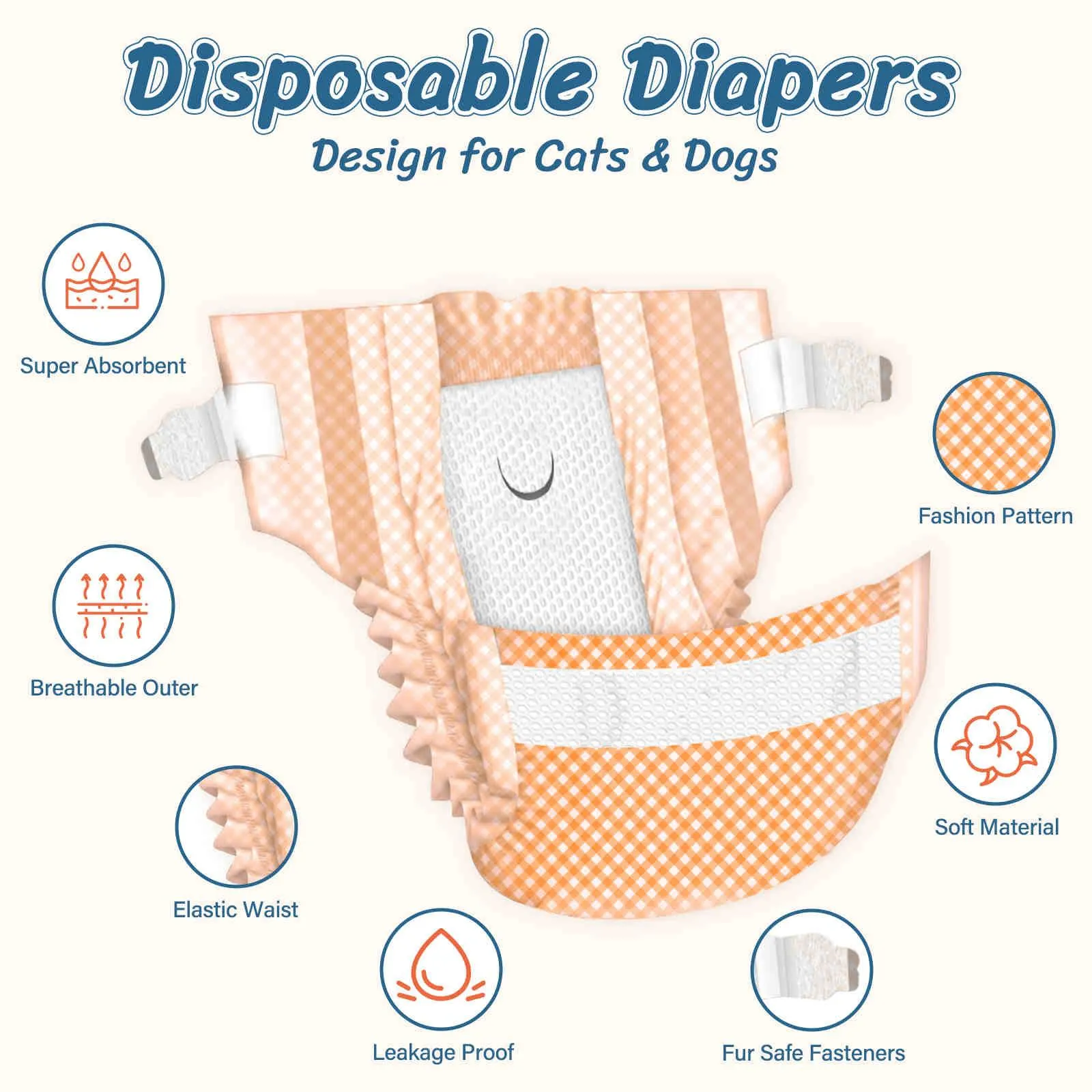 Disposable Cat Diapers, Orange Plaid Pattern, 24 Pcs, 1 Pack