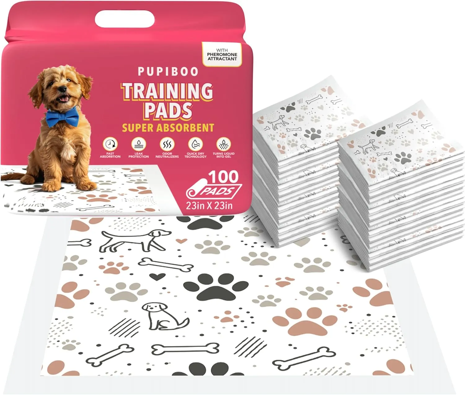 Disposable Dog Training Pads  Highly Absorbent Pee Pads with Quick-Dry Gel, Leak Proof Backing, Pheromonal Attractant for Housebreaking and Indoor Potty Training  23 x 23 in (100 Count)