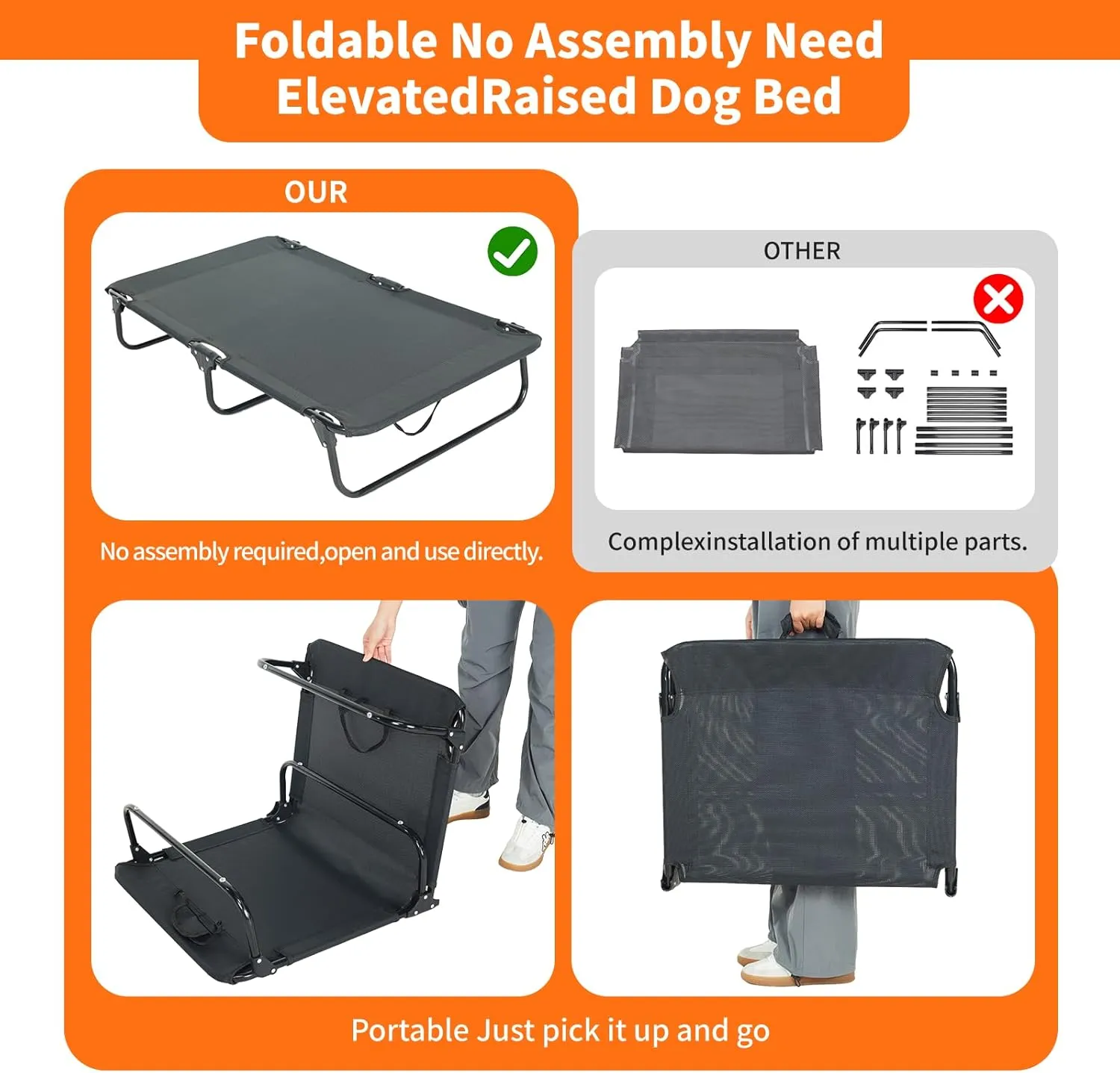 Dog Elevated Bed Foldable Portable Raised Bed Camping cot Outdoor Summer Dog Bed (Medium, Black-Textilene)