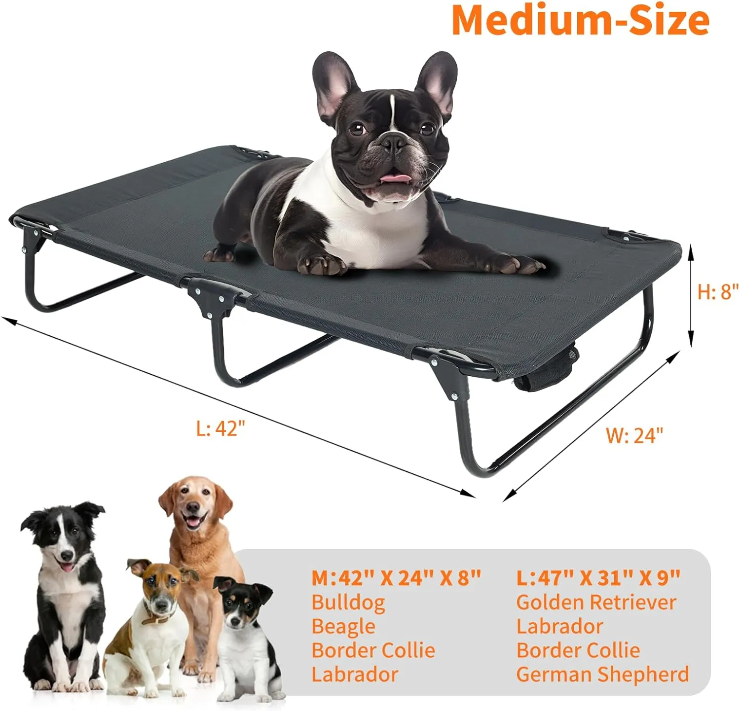 Dog Elevated Bed Foldable Portable Raised Bed Camping cot Outdoor Summer Dog Bed (Medium, Black-Textilene)