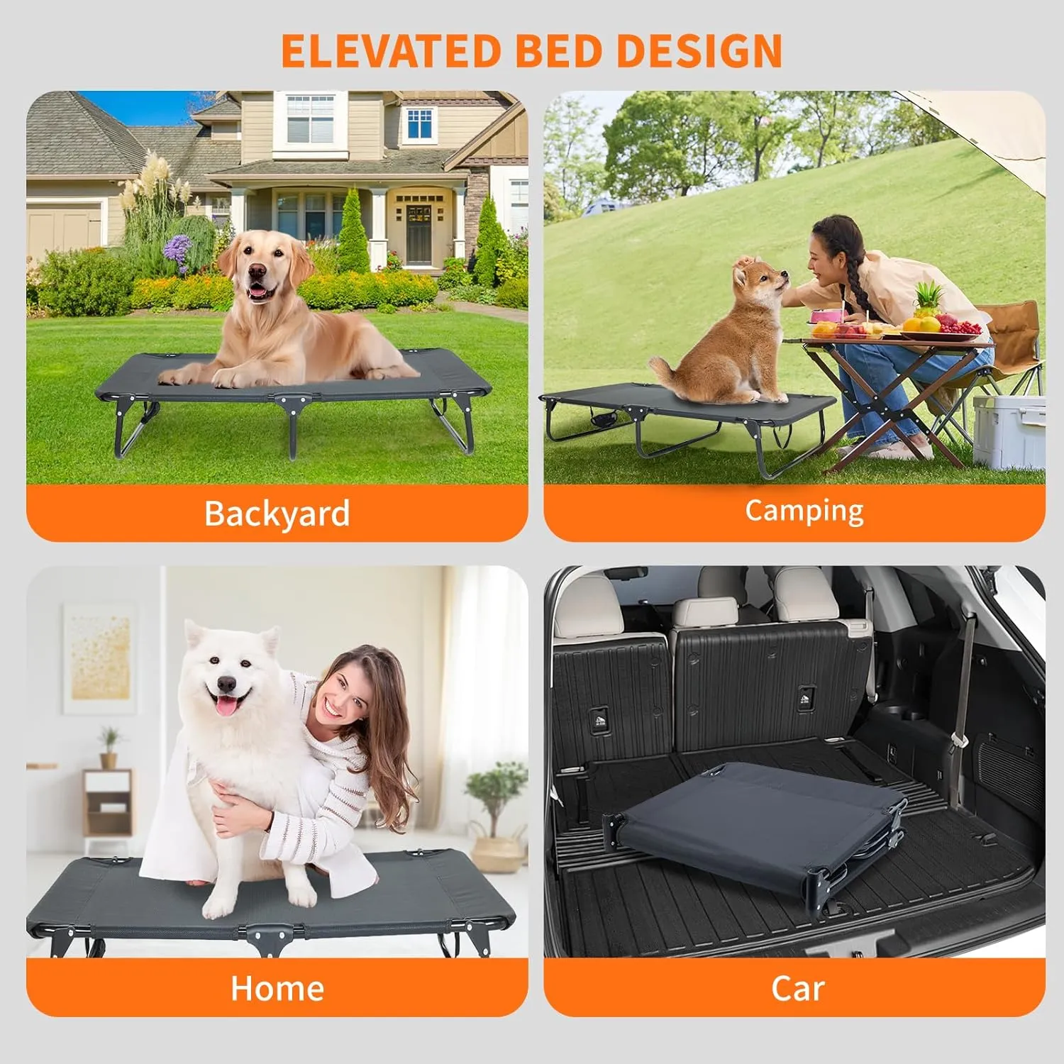 Dog Elevated Bed Foldable Portable Raised Bed Camping cot Outdoor Summer Dog Bed (Medium, Black-Textilene)
