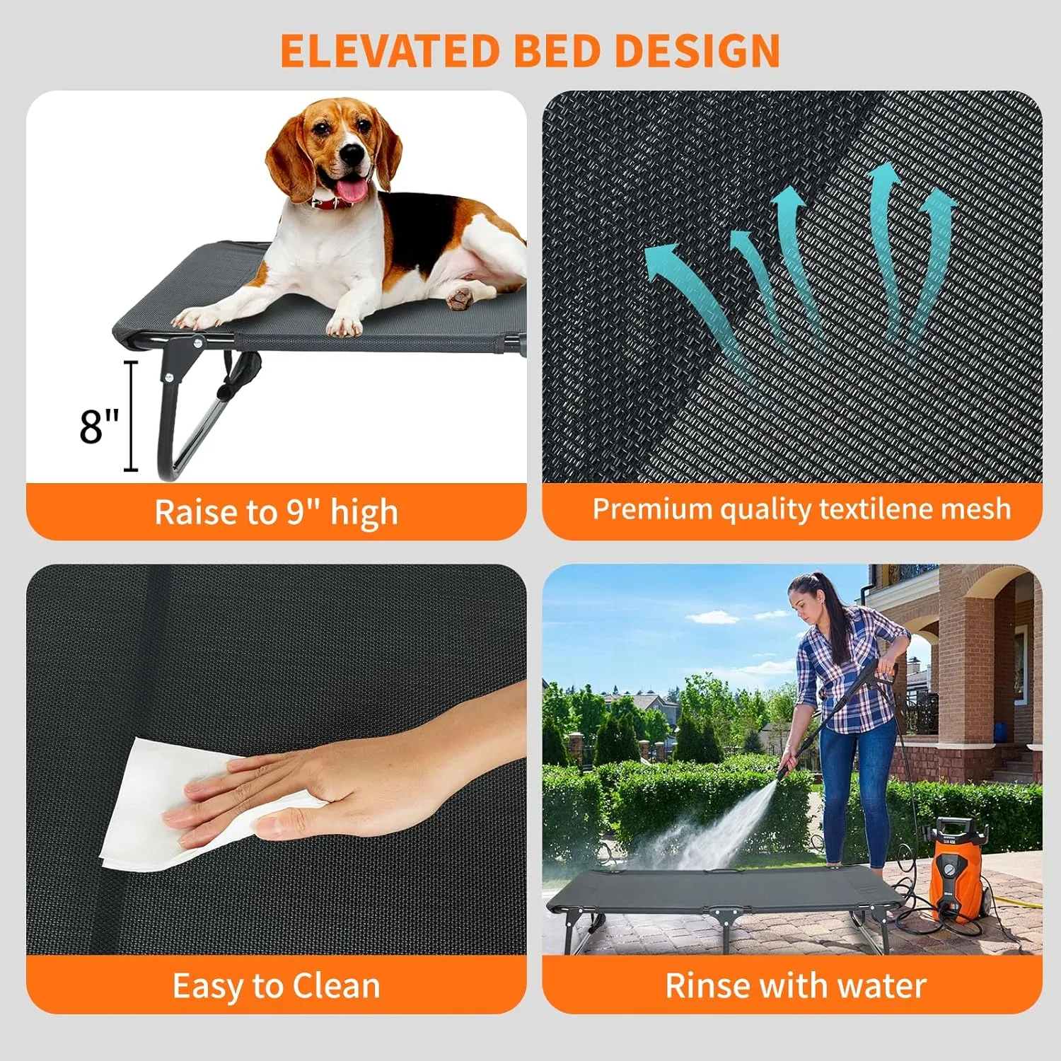 Dog Elevated Bed Foldable Portable Raised Bed Camping cot Outdoor Summer Dog Bed (Medium, Black-Textilene)