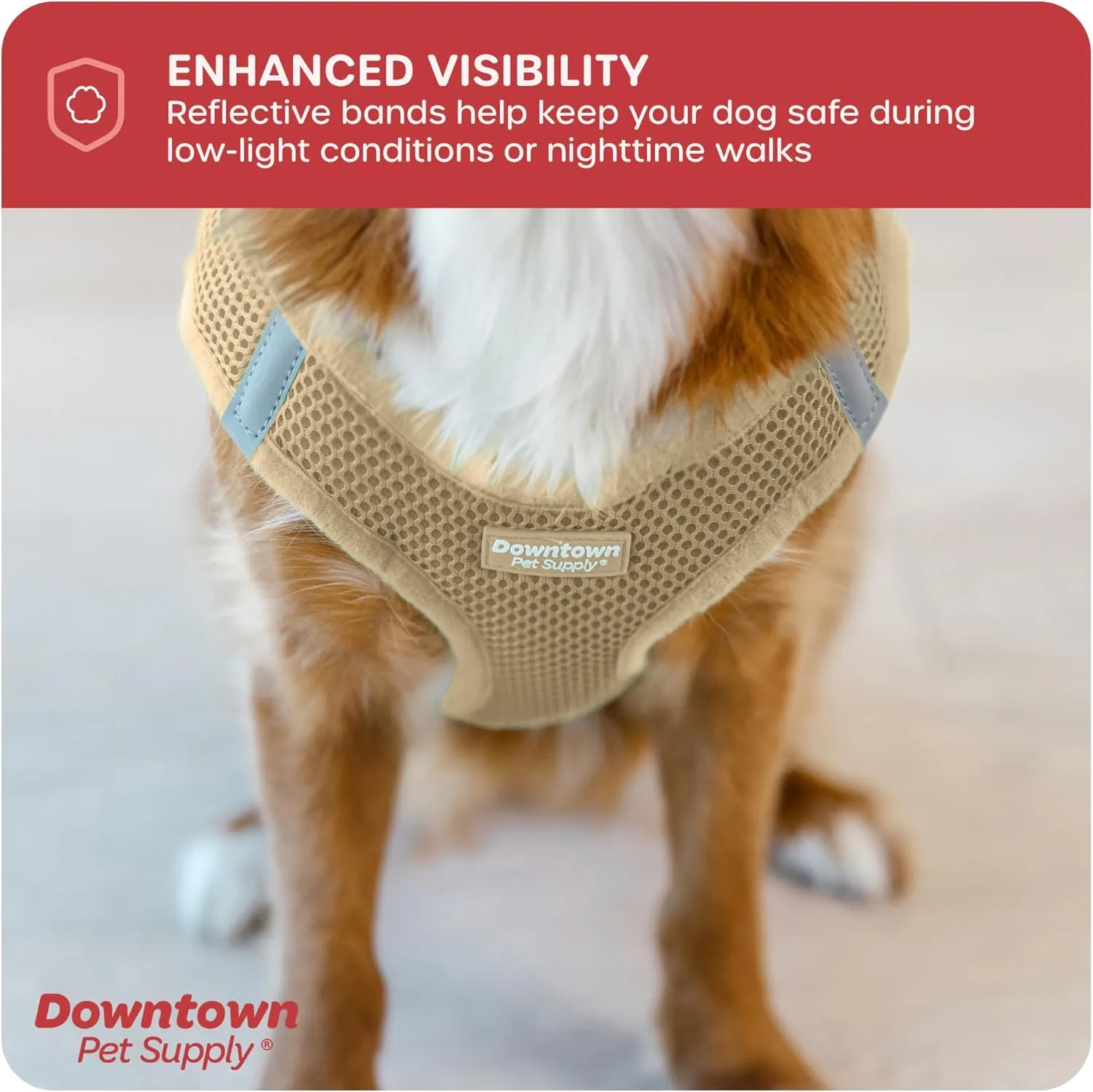 Downtown Pet Supply Step in Dog Harness No Pull, X-Large, Khaki - Adjustable Harness with Padded Mesh Fabric and Reflective Trim - Buckle Strap Harness for Dogs