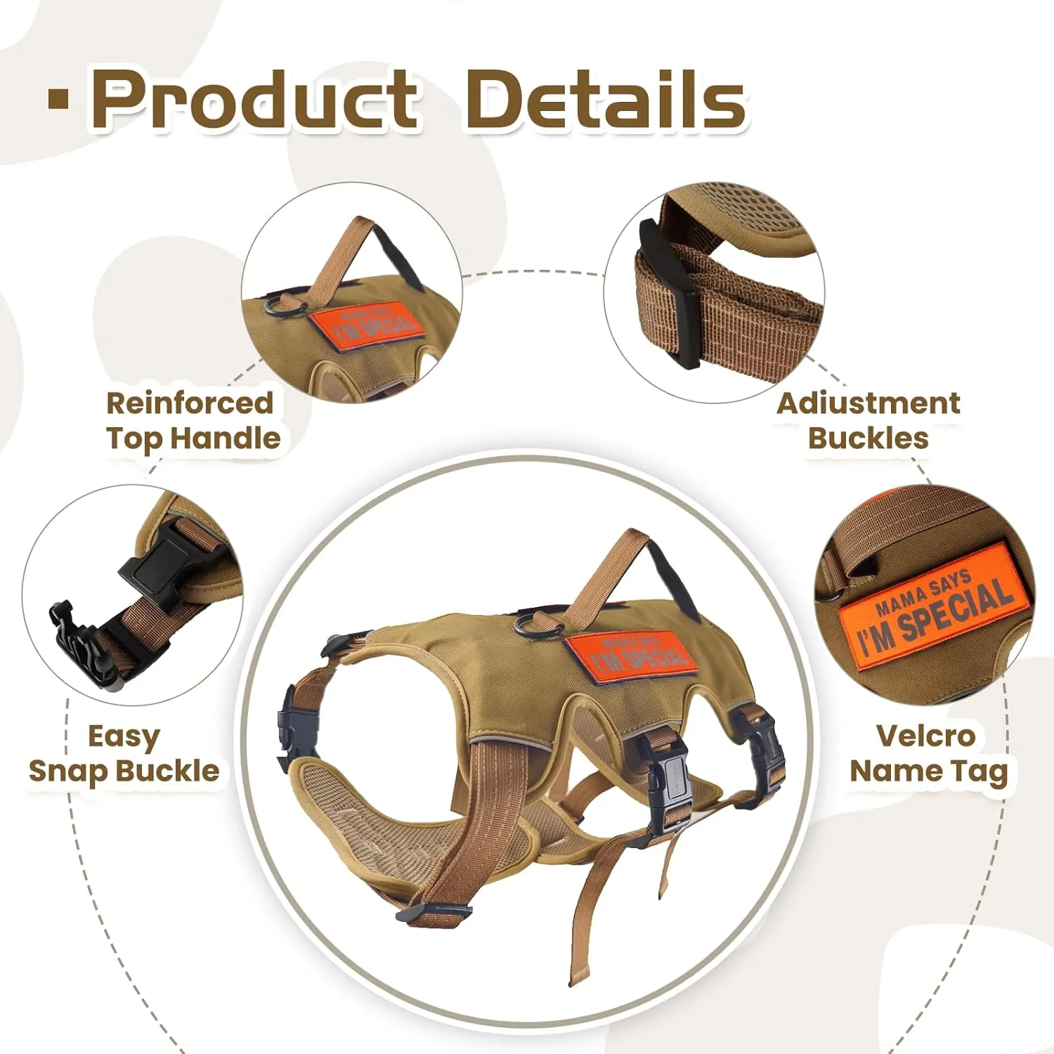 Escape Proof Dog Harness  Night Reflective, 5-Adjustable Straps, No-Choke Design, Lift Handle & Quick Release for Large Dogs  Ideal for Walking, Hiking & Training (Khaki, Medium)
