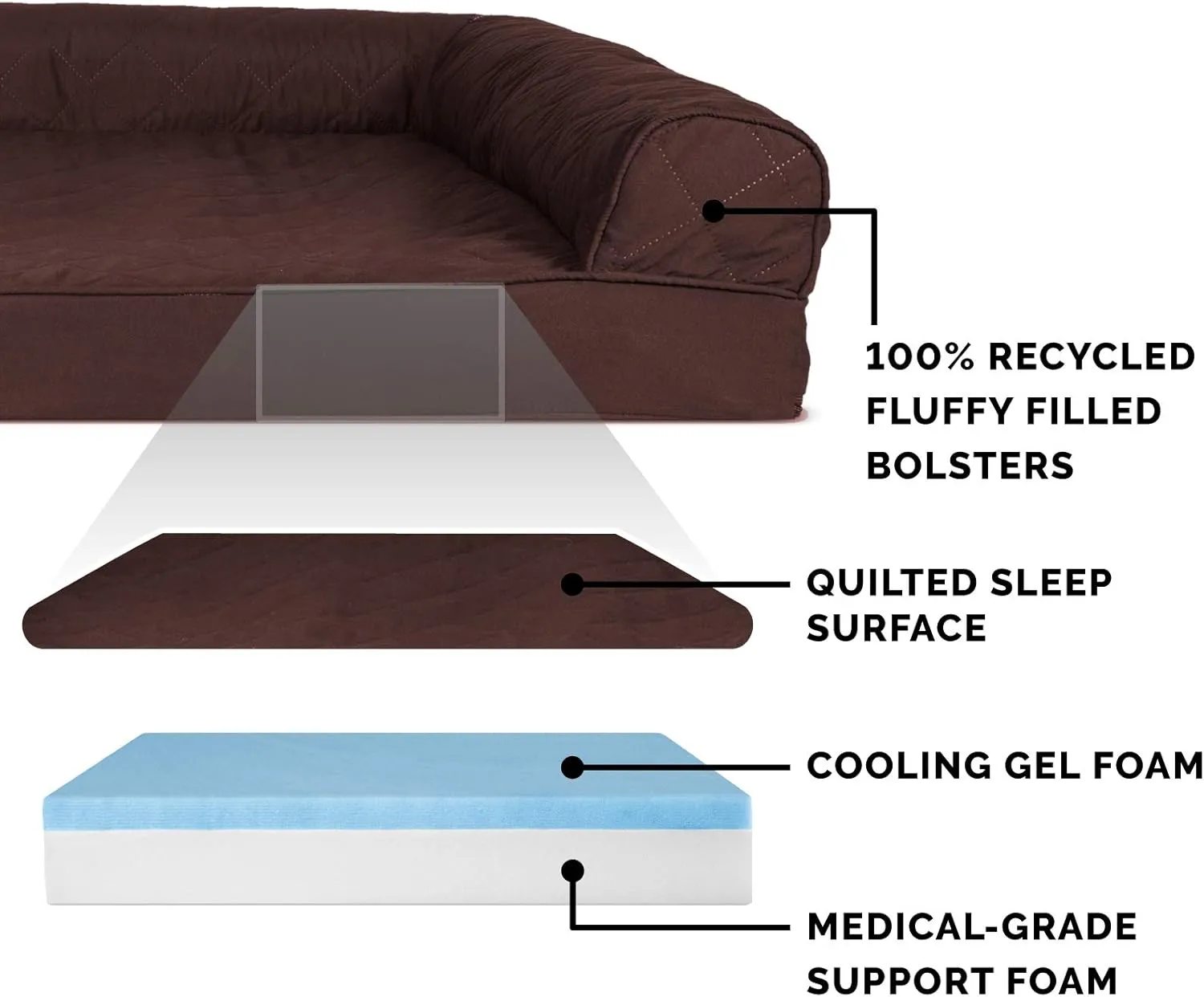 Furhaven Cooling Gel Dog Bed for Large Dogs w/ Removable Bolsters & Washable Cover, For Dogs Up to 125 lbs - Quilted Sofa - Coffee, Jumbo Plus/XXL