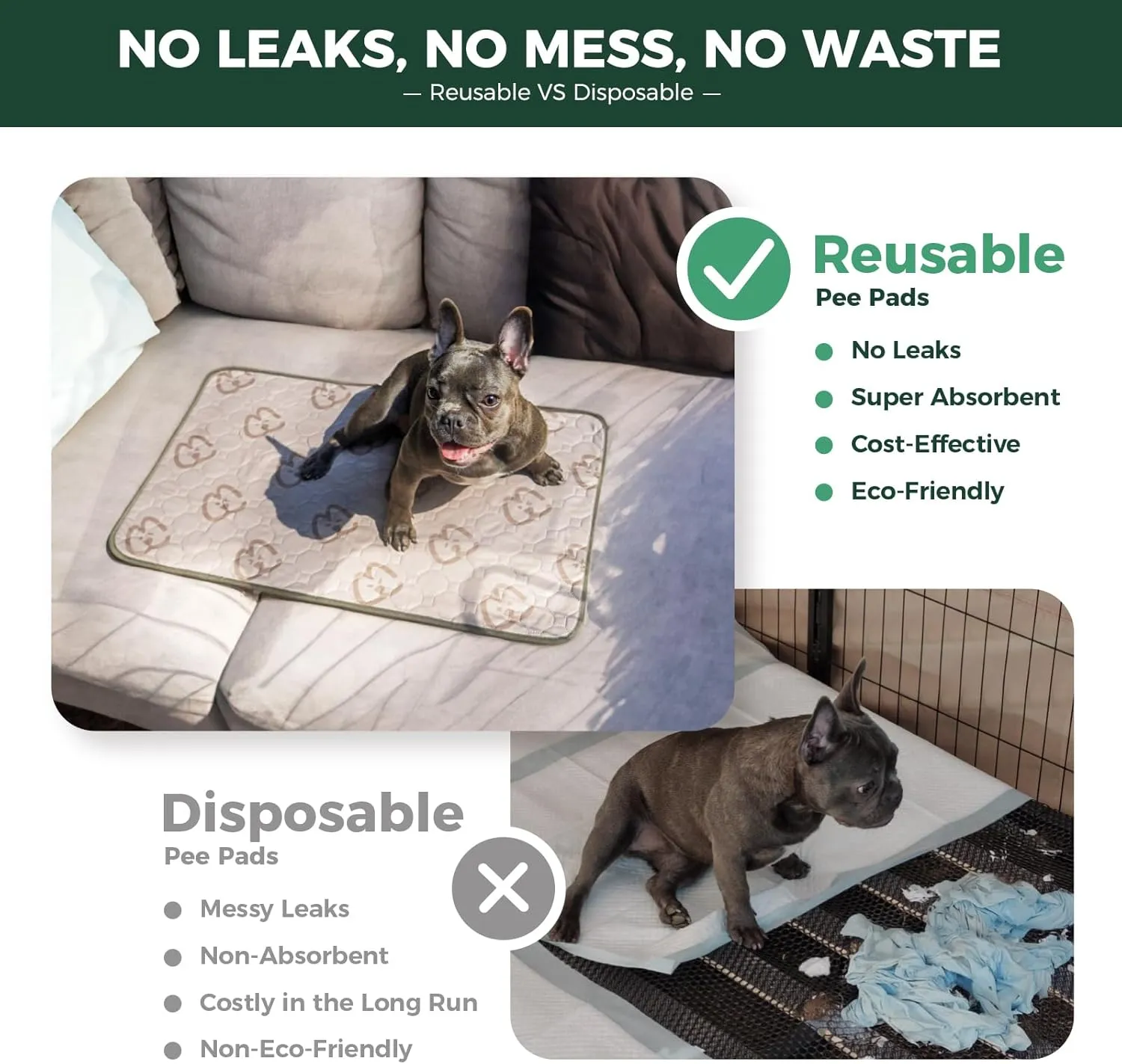 FXW Washable Pee Pads for Dogs, Puppy Pads with Super Absorbent, Specifically Designed for 24inch Cages, Rectangle, 23" x 17", 2 Packs