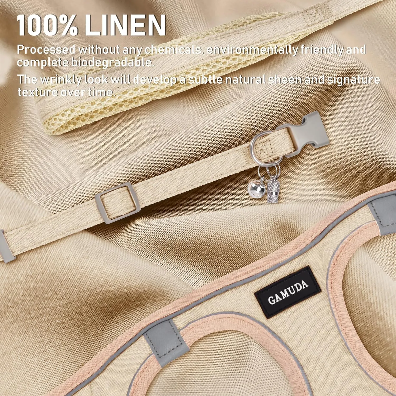 GAMUDA Small Pet Harness Collar and Leash Set, Step in No Chock No Pull Linen Fabric Soft Mesh Dog Vest Harnesses Reflective for Dogs Puppy Cats Kitten Rabbit (Khaki, S)