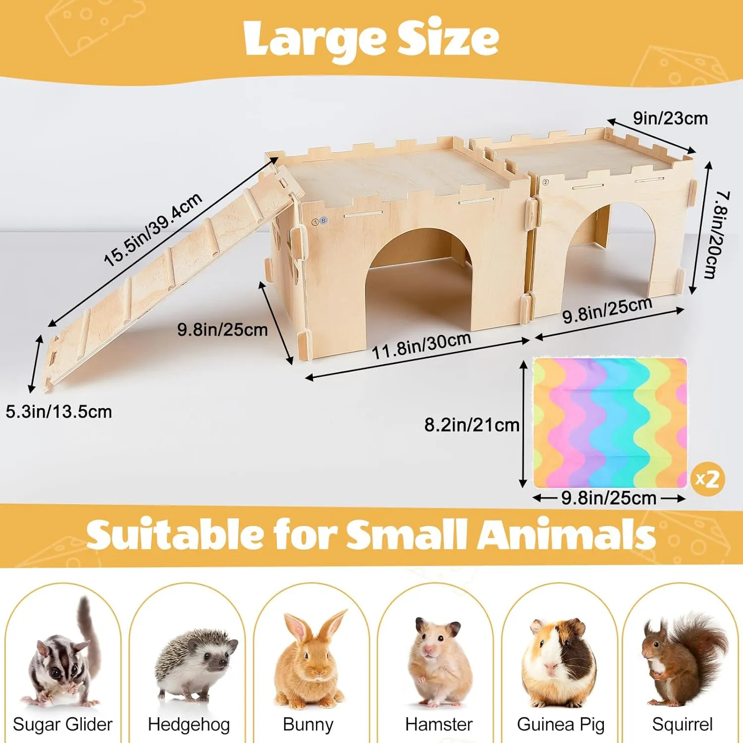 Guinea Pig Hideout, Guinea Pigs House with Stairs and Mats Extra Large Guinea Piggy Castle Detachable Hideouts for Small Animals Wooden Guinea Pig Habitats with Multiple Doors and Windows