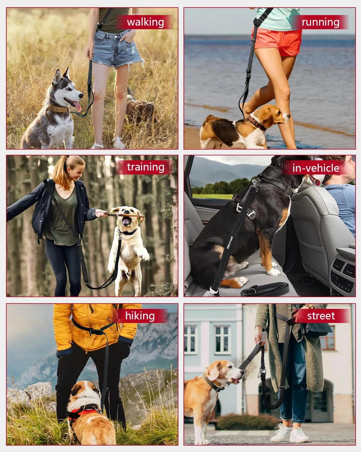 Hands Free Dog Leash, Multifunctional Crossbody Dog Leash, 5.9-9.5Ft Long Waist Belt with Car Safety Buckle and Double-Sided Reflective Stitches for Medium and Large Dogs.(Black)