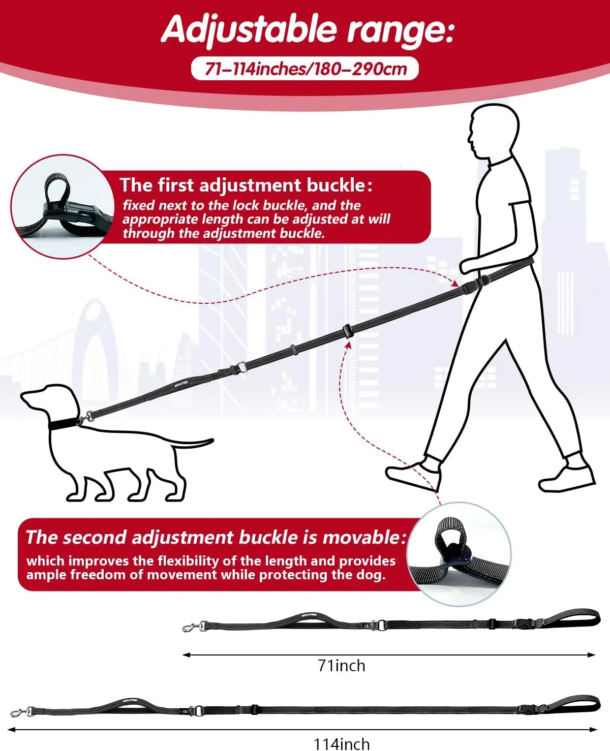 Hands Free Dog Leash, Multifunctional Crossbody Dog Leash, 5.9-9.5Ft Long Waist Belt with Car Safety Buckle and Double-Sided Reflective Stitches for Medium and Large Dogs.(Black)
