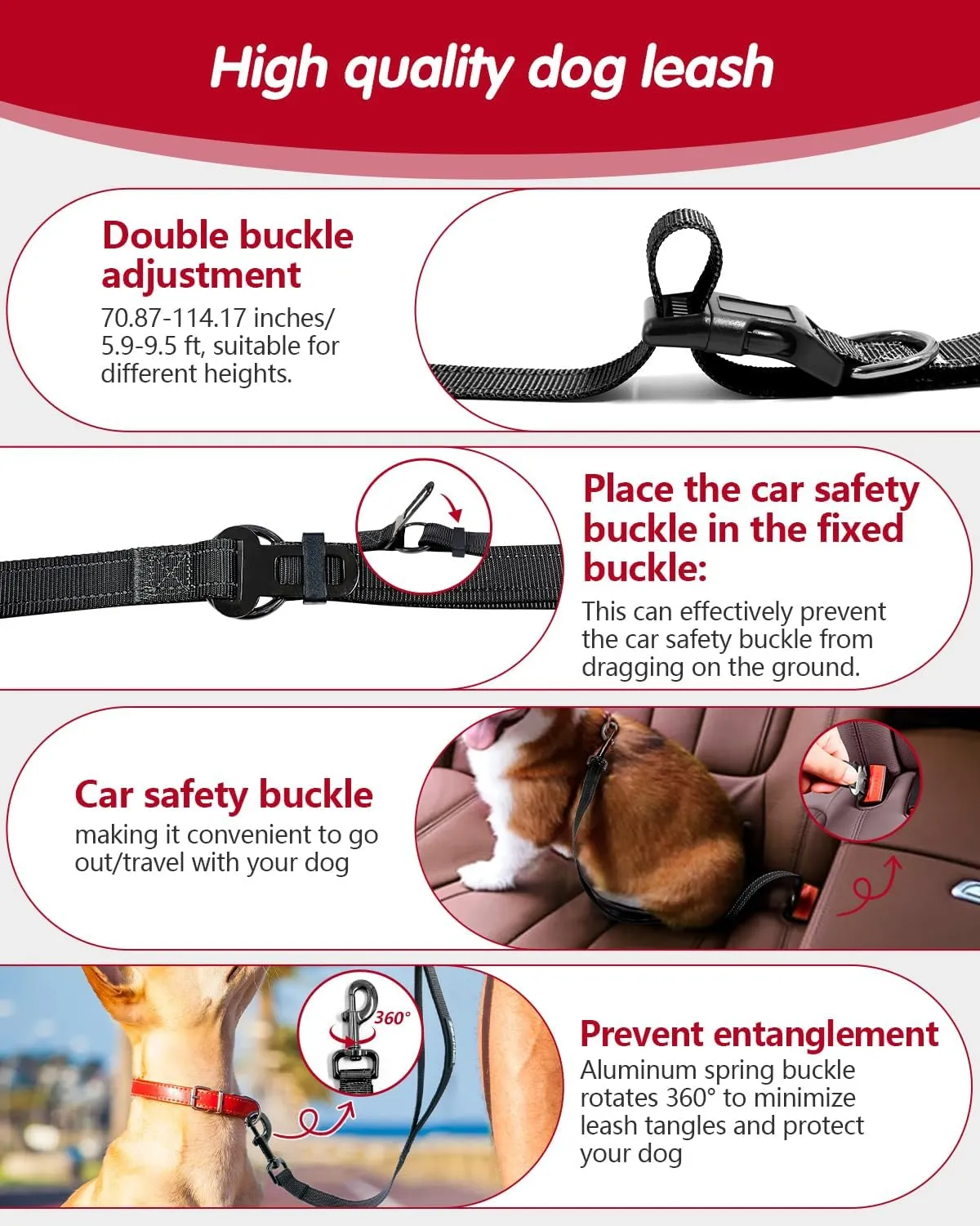 Hands Free Dog Leash, Multifunctional Crossbody Dog Leash, 5.9-9.5Ft Long Waist Belt with Car Safety Buckle and Double-Sided Reflective Stitches for Medium and Large Dogs.(Black)