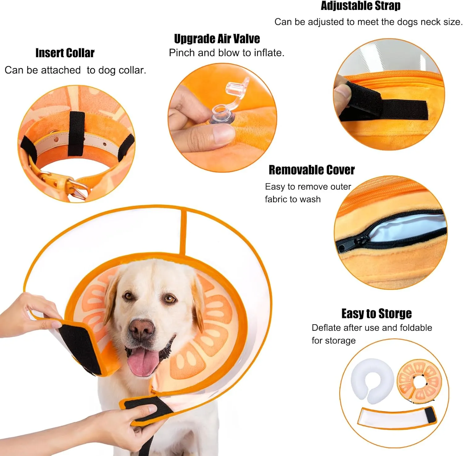 Inflatable Dog Cone Collar for Large Medium Small Dogs, Soft Dog Donut Collar Adjustable Recovery Cone for Pets After Surgery, Extra Enhanced Anti-Licking Guard Shield for Pets (X-Large, Orange)