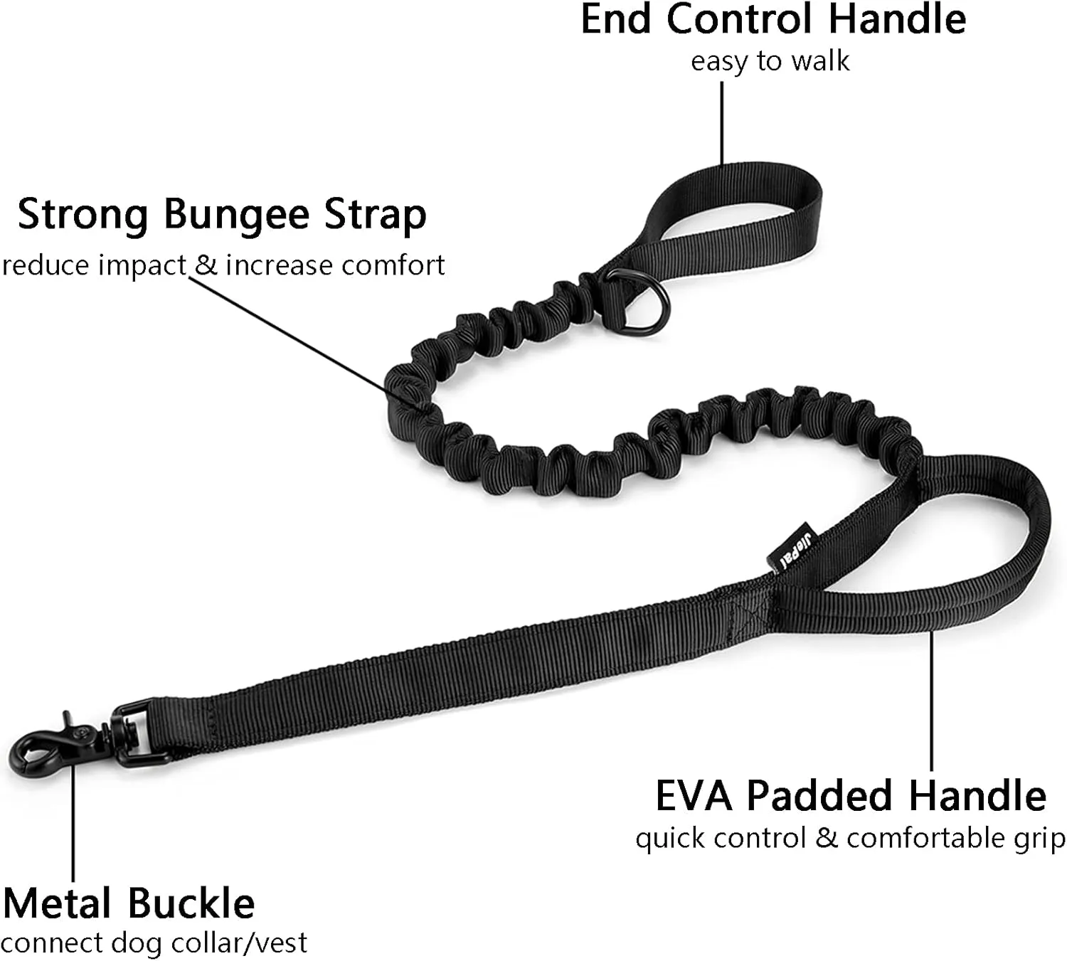JiePai Tactical Dog Training Bungee Leash Military Dog Leash Quick Release Elastic Leads Rope with 2 Control Handle, 4ft for Medium Large Dogs, Black
