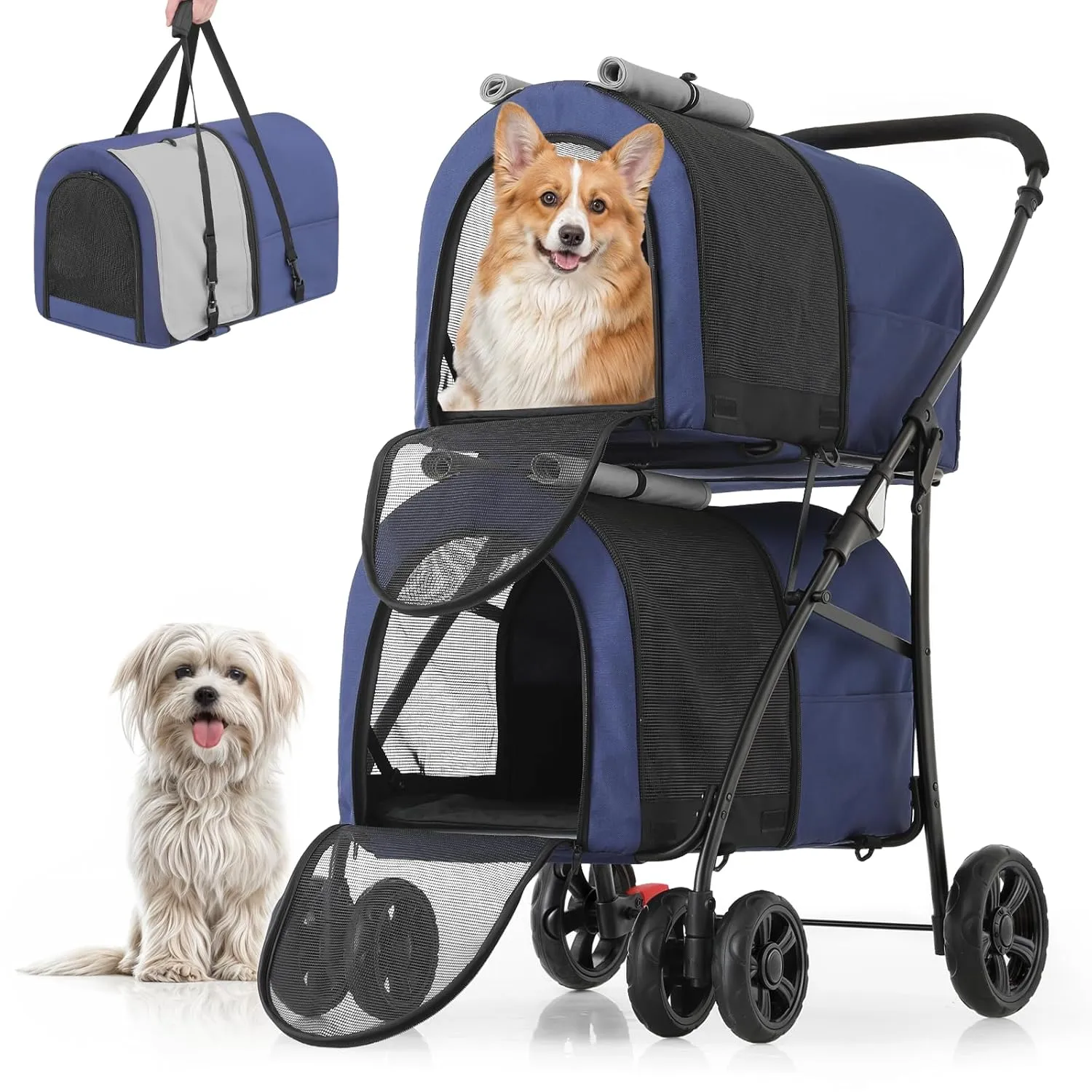 MoNiBloom Double Dog Stroller with Detachable Carrier Bags Large 4 Wheels Foldable Jogger for Small and Medium Dog Cats, Navy Blue/Gray