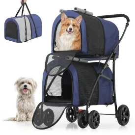 MoNiBloom Double Dog Stroller with Detachable Carrier Bags Large 4 Wheels Foldable Jogger for Small and Medium Dog Cats, Navy Blue/Gray