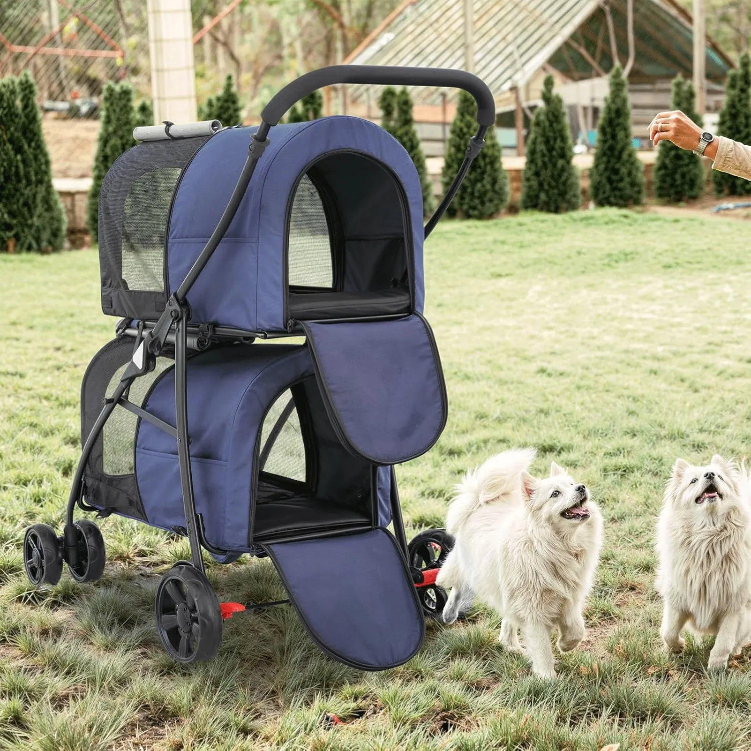 MoNiBloom Double Dog Stroller with Detachable Carrier Bags Large 4 Wheels Foldable Jogger for Small and Medium Dog Cats, Navy Blue/Gray