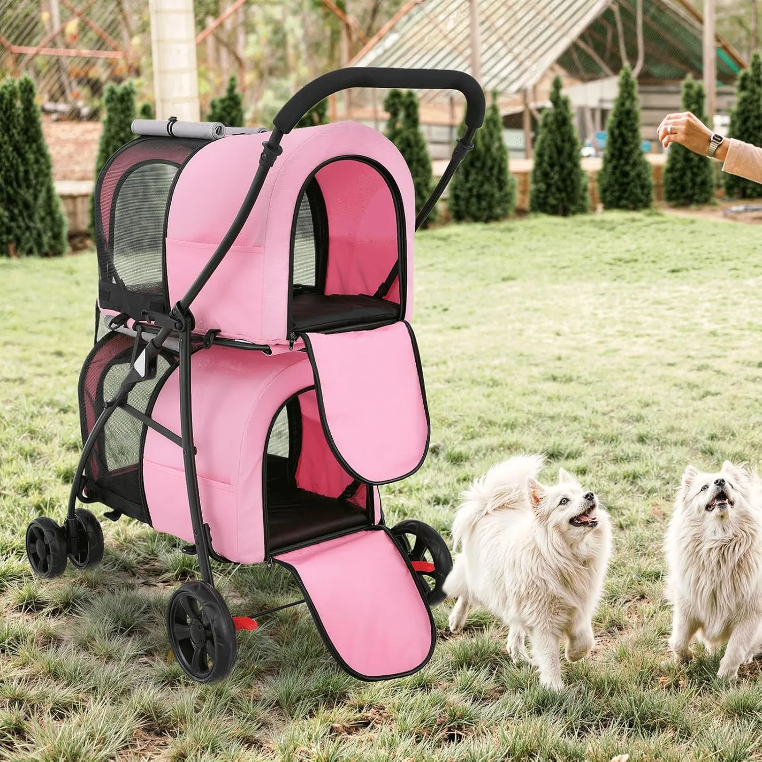 MoNiBloom Double Dog Stroller with Detachable Carrier Bags Large 4 Wheels Foldable Jogger for Small and Medium Dog Cats, Pink/Gray