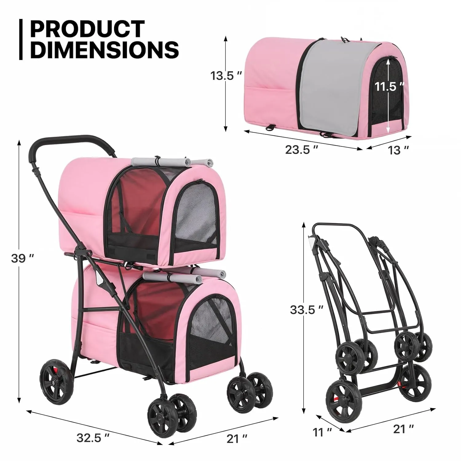 MoNiBloom Double Dog Stroller with Detachable Carrier Bags Large 4 Wheels Foldable Jogger for Small and Medium Dog Cats, Pink/Gray
