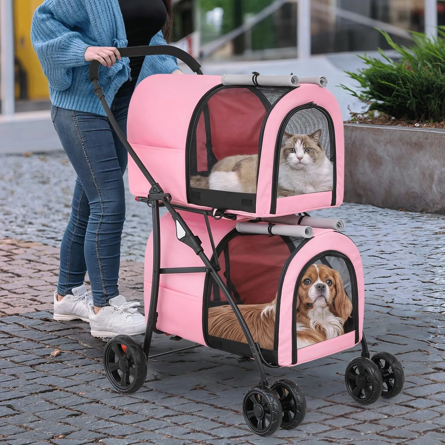 MoNiBloom Double Dog Stroller with Detachable Carrier Bags Large 4 Wheels Foldable Jogger for Small and Medium Dog Cats, Pink/Gray