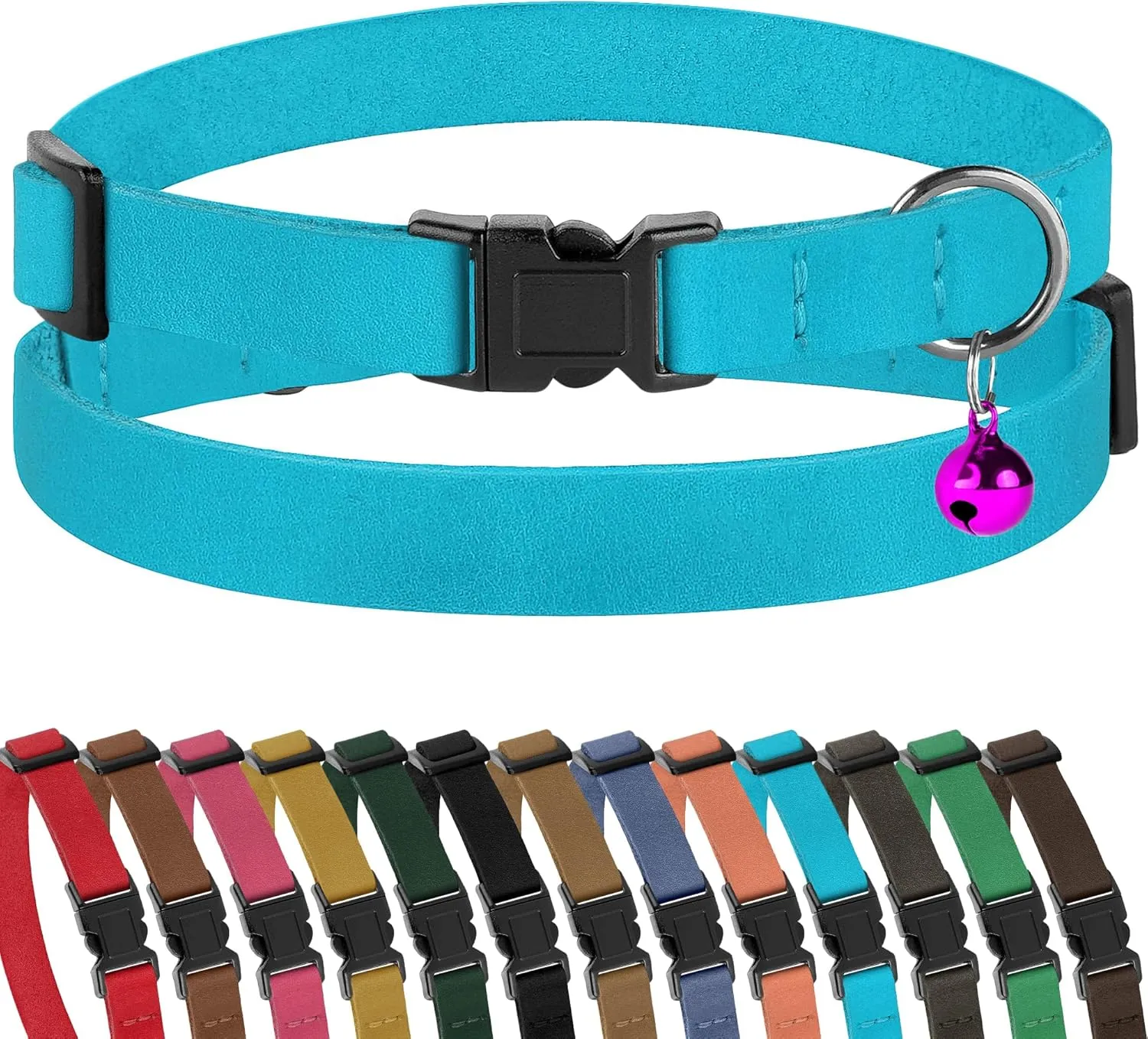 Muromto Breakaway Cat Collar Leather Soft Adjustable Pet Kitten Collars with Bell Pink Brown Blue Green Red (Aquamarine)