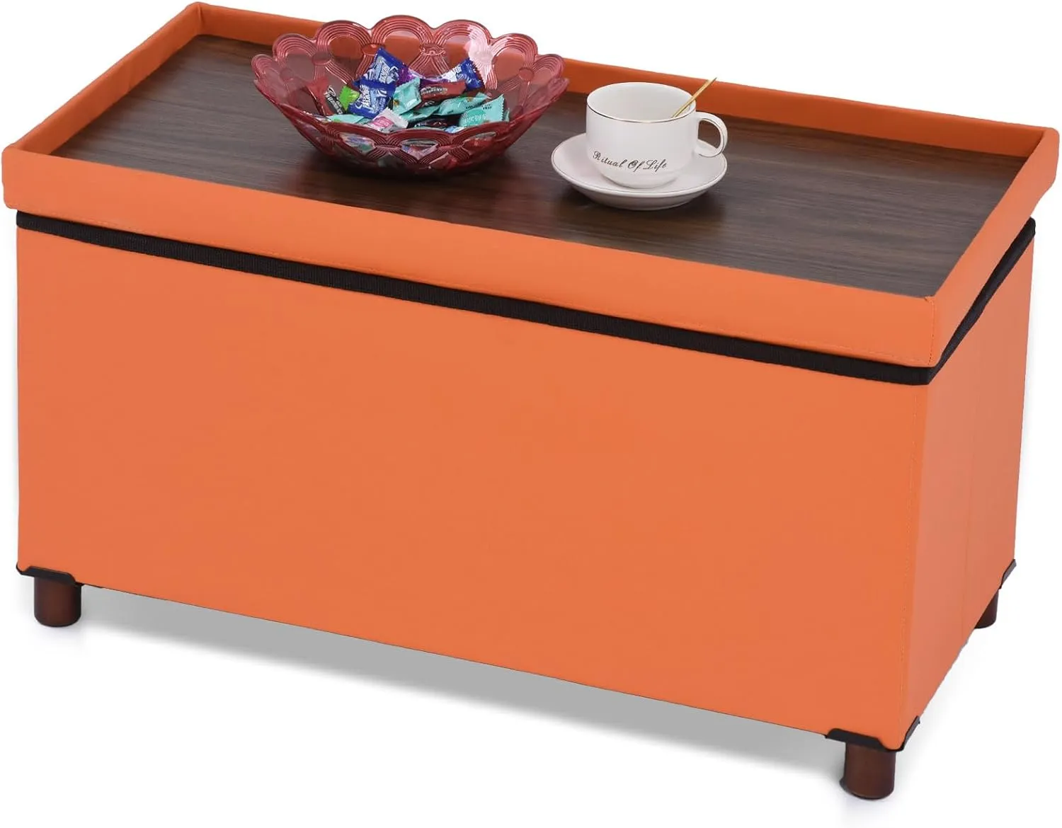 Ottoman Storage Bench for Living Room Storage Ottoman with Tray Bedroom Foot Stool Coffee Table with Legs end of Bed Faxu Leather 30" Inch