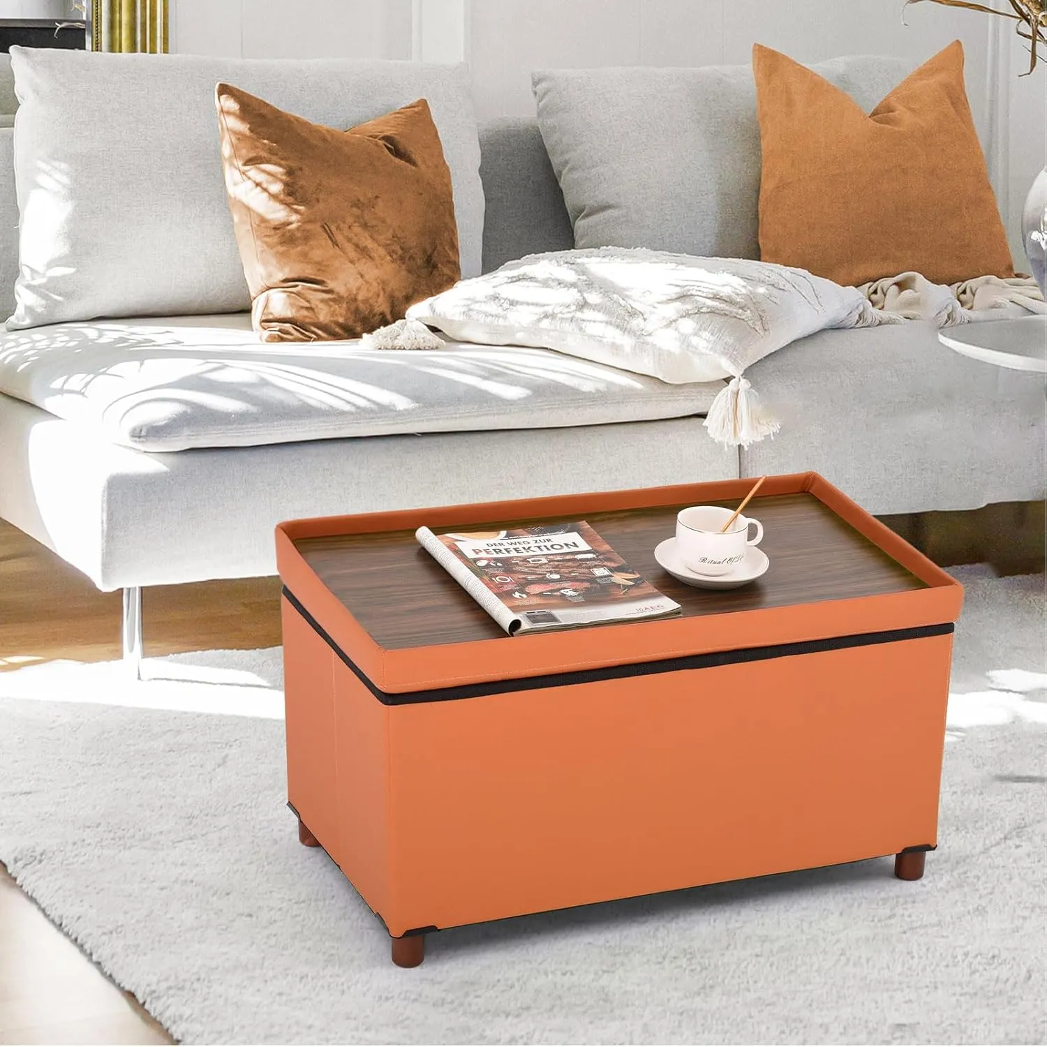 Ottoman Storage Bench for Living Room Storage Ottoman with Tray Bedroom Foot Stool Coffee Table with Legs end of Bed Faxu Leather 30" Inch