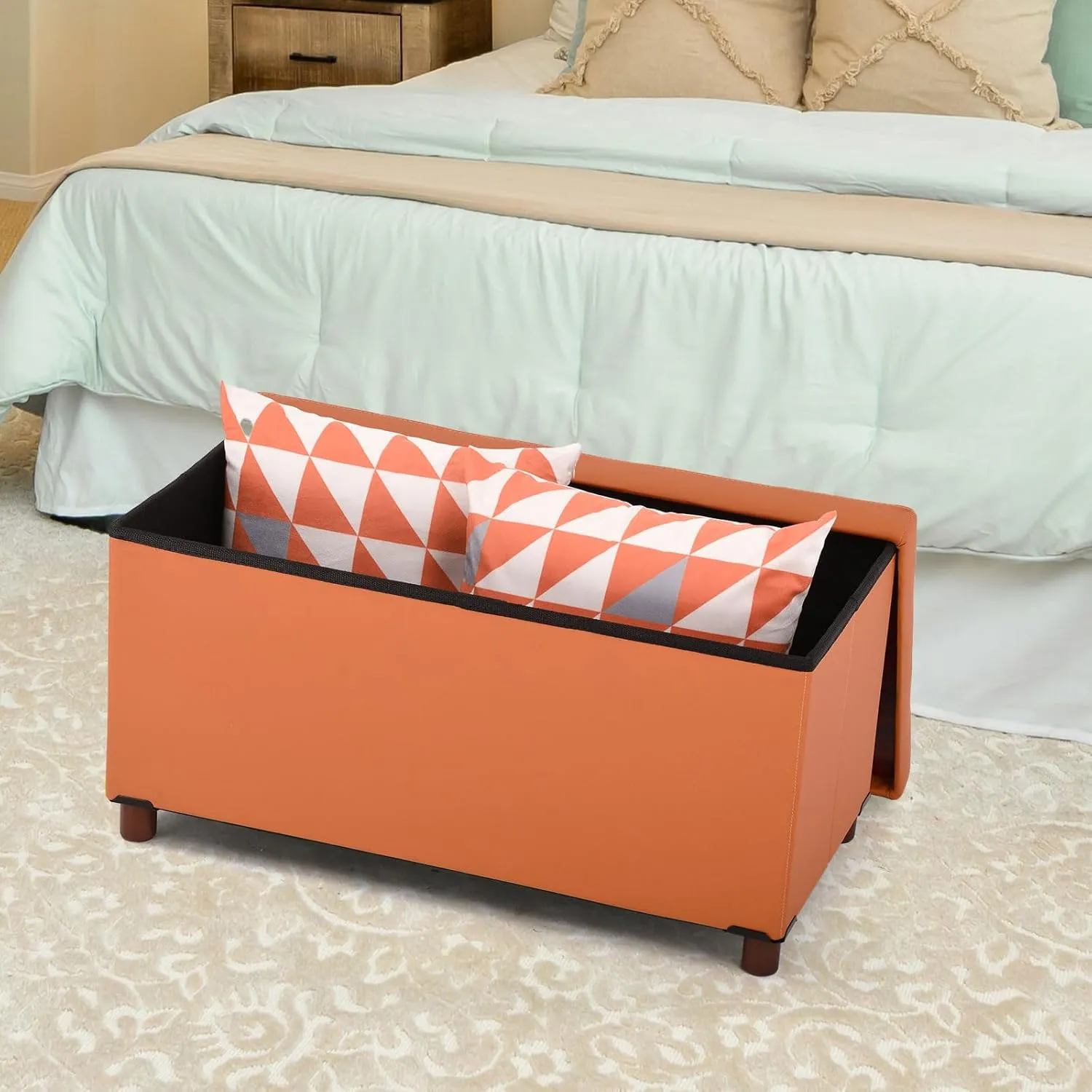Ottoman Storage Bench for Living Room Storage Ottoman with Tray Bedroom Foot Stool Coffee Table with Legs end of Bed Faxu Leather 30" Inch
