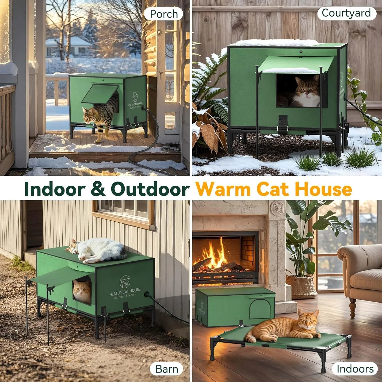 Pawaboo Indestructible Heated Cat House for Outdoor in Winter, 100% Waterproof Awning & Elevated Base, Insulated Outdoor Cat Shelter with Heater for Feral Barn Cat, Weatherproof Outdoor Cat House, S