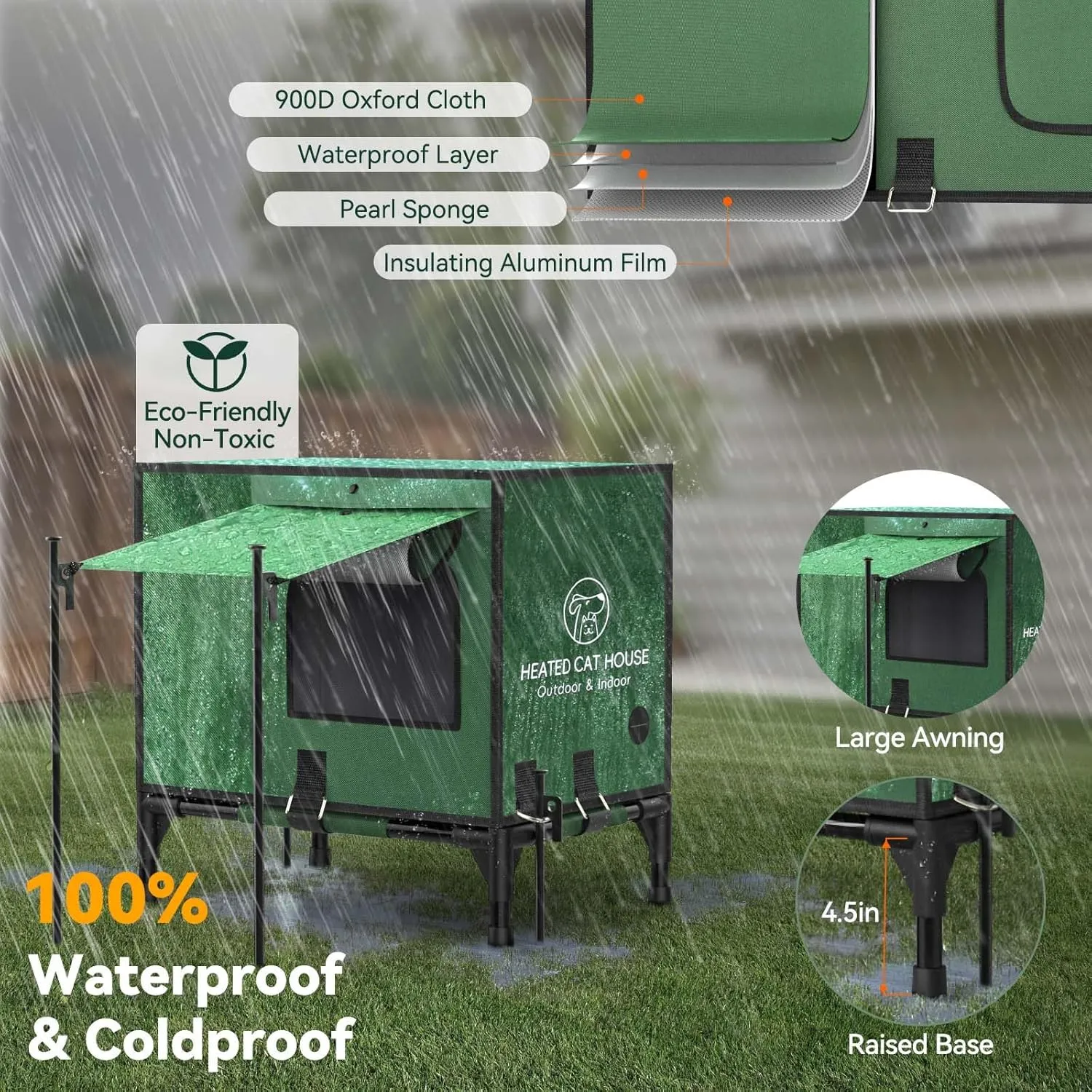 Pawaboo Indestructible Heated Cat House for Outdoor in Winter, 100% Waterproof Awning & Elevated Base, Insulated Outdoor Cat Shelter with Heater for Feral Barn Cat, Weatherproof Outdoor Cat House, S