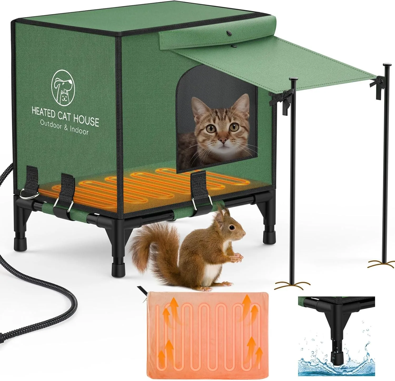 Pawaboo Indestructible Heated Cat House for Outdoor in Winter, 100% Waterproof Awning & Elevated Base, Insulated Outdoor Cat Shelter with Heater for Feral Barn Cat, Weatherproof Outdoor Cat House, S