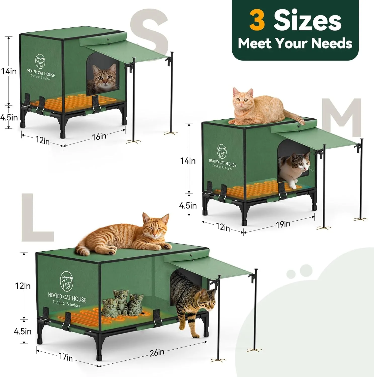 Pawaboo Indestructible Heated Cat House for Outdoor in Winter, 100% Waterproof Awning & Elevated Base, Insulated Outdoor Cat Shelter with Heater for Feral Barn Cat, Weatherproof Outdoor Cat House, S
