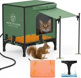 Pawaboo Indestructible Heated Cat House for Outdoor in Winter, 100% Waterproof Awning & Elevated Base, Insulated Outdoor Cat Shelter with Heater for Feral Barn Cat, Weatherproof Outdoor Cat House, S