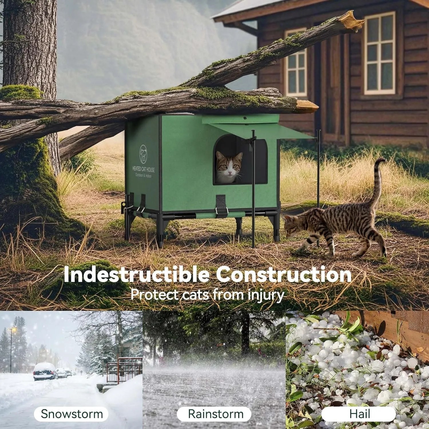 Pawaboo Indestructible Heated Cat House for Outdoor in Winter, 100% Waterproof Awning & Elevated Base, Insulated Outdoor Cat Shelter with Heater for Feral Barn Cat, Weatherproof Outdoor Cat House, S