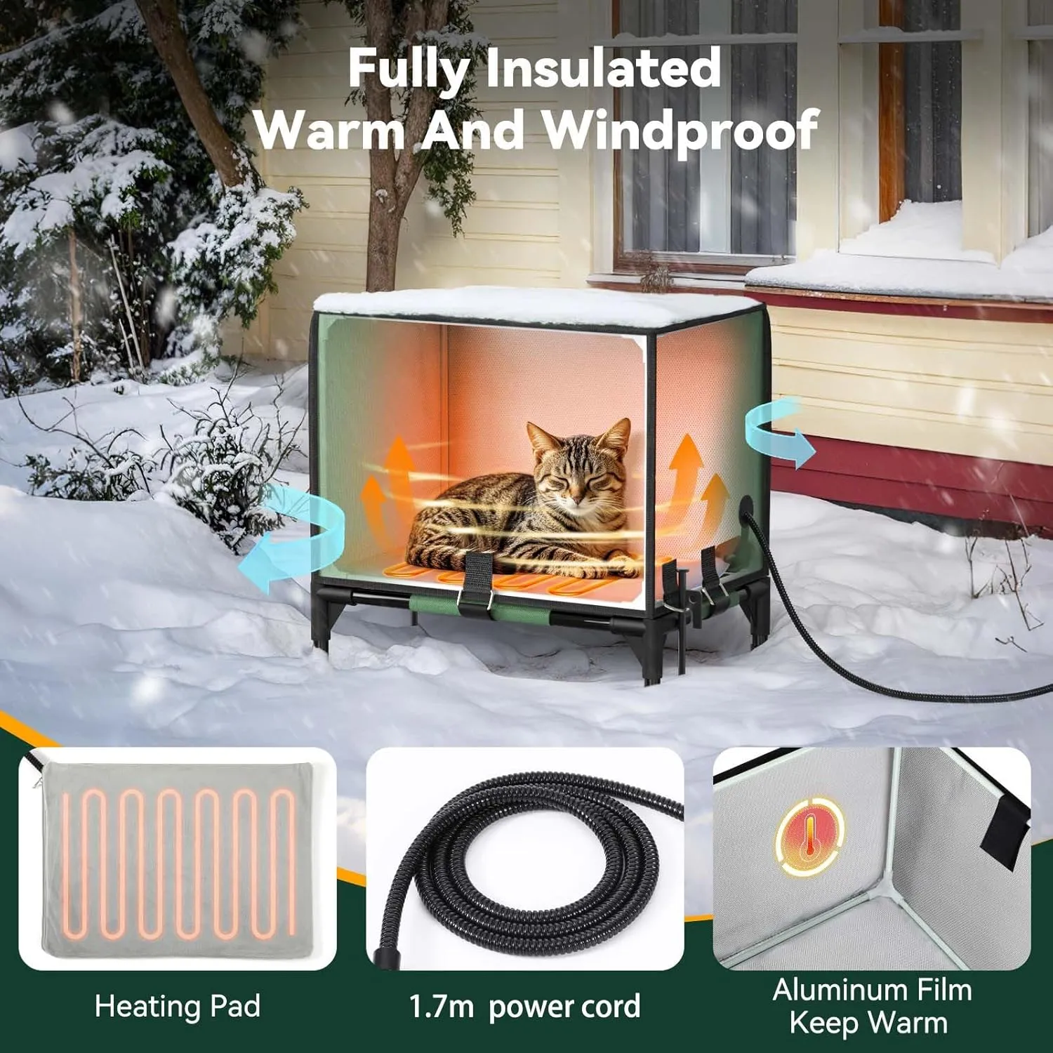 Pawaboo Indestructible Heated Cat House for Outdoor in Winter, 100% Waterproof Awning & Elevated Base, Insulated Outdoor Cat Shelter with Heater for Feral Barn Cat, Weatherproof Outdoor Cat House, S