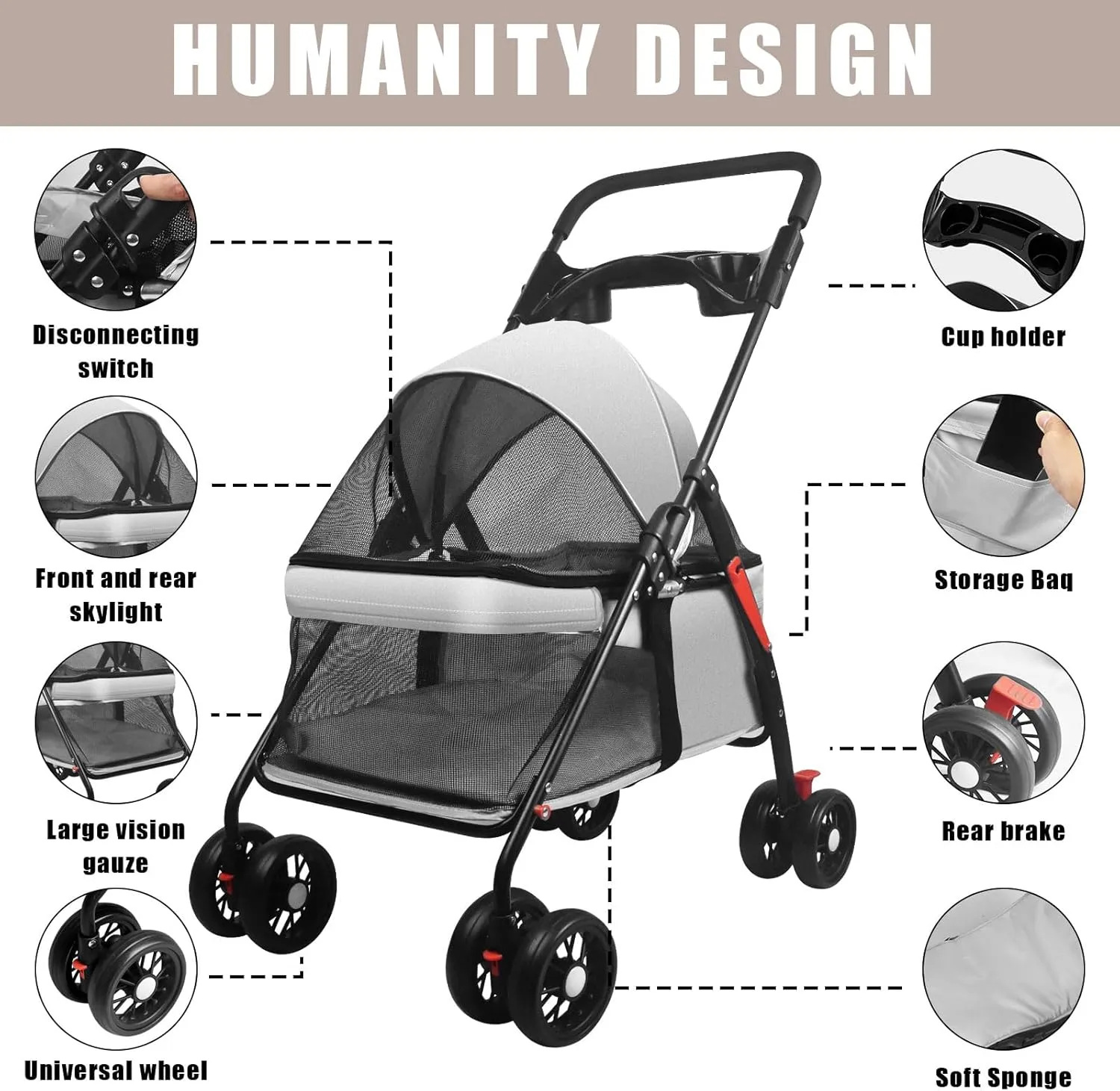 Pet Dog Cat Stroller with Foldable Dog Cat Cage Jogger Stroller with Storage Basket and Cup Holder,4 Wheels for Medium/Small Dogs and Cats, with Cup Holder (Grey)