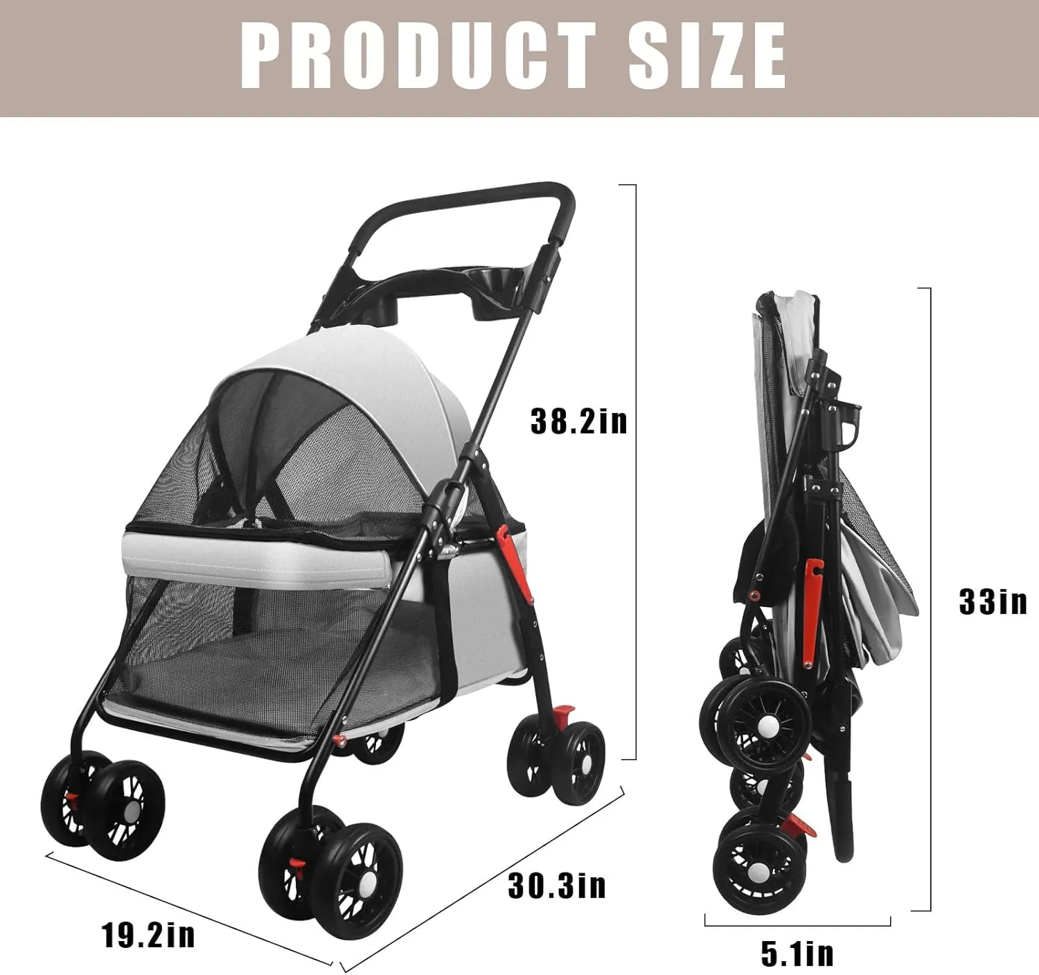Pet Dog Cat Stroller with Foldable Dog Cat Cage Jogger Stroller with Storage Basket and Cup Holder,4 Wheels for Medium/Small Dogs and Cats, with Cup Holder (Grey)