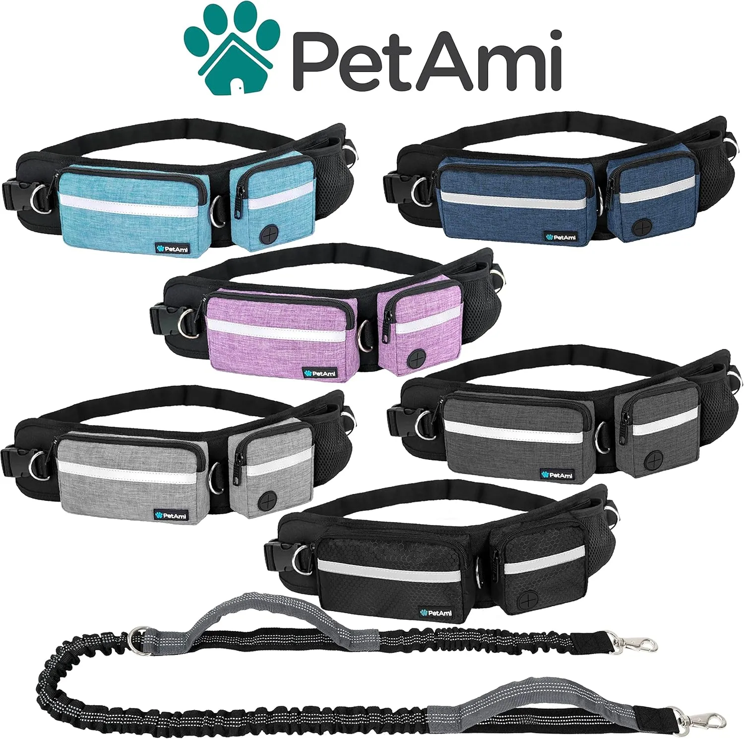 PetAmi Hands Free Dog Leash, Dog Running Leash Belt Bag for Walking, Jogging, Dog Waist Double Zipper Pouch with Poop Bag Dispenser, Dual Padded Handles Reflective Bungee Leash, Single (Turquoise)