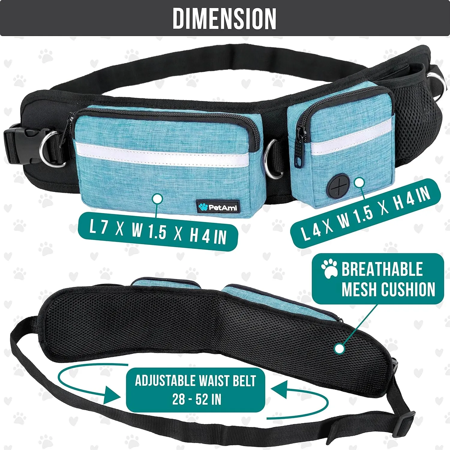 PetAmi Hands Free Dog Leash, Dog Running Leash Belt Bag for Walking, Jogging, Dog Waist Double Zipper Pouch with Poop Bag Dispenser, Dual Padded Handles Reflective Bungee Leash, Single (Turquoise)