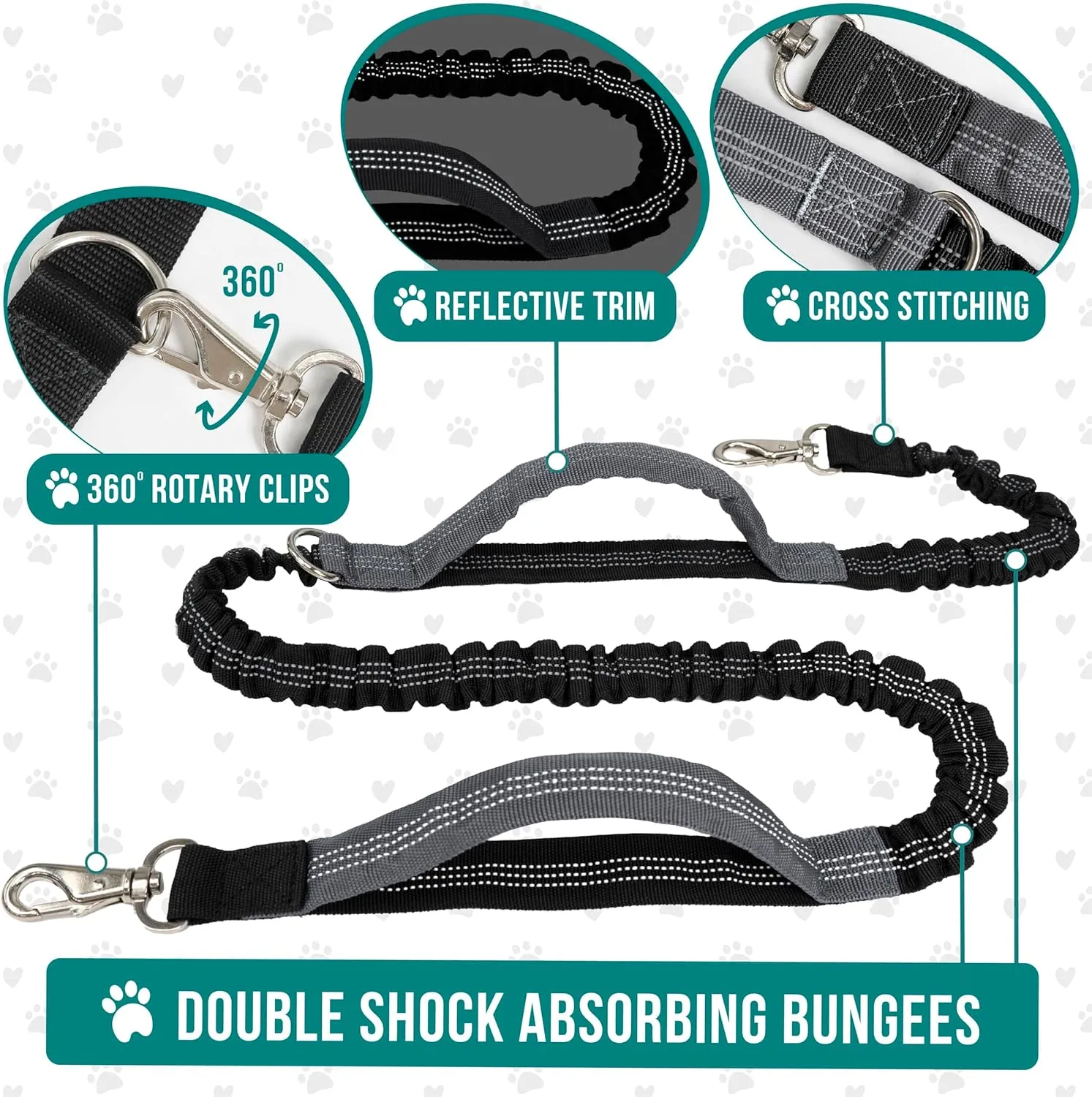 PetAmi Hands Free Dog Leash, Dog Running Leash Belt Bag for Walking, Jogging, Dog Waist Double Zipper Pouch with Poop Bag Dispenser, Dual Padded Handles Reflective Bungee Leash, Single (Turquoise)